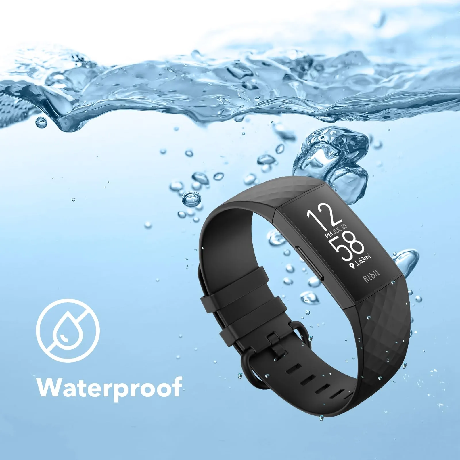 2 Pack Waterproof Bands Compatible with Fitbit charge 3 / Fitbit charge 4 / Fitbit Charge 3 SE, Classic Soft Sports Replacement Wristbands for Women Men (Large 7.1''-8.7'', black/black)
