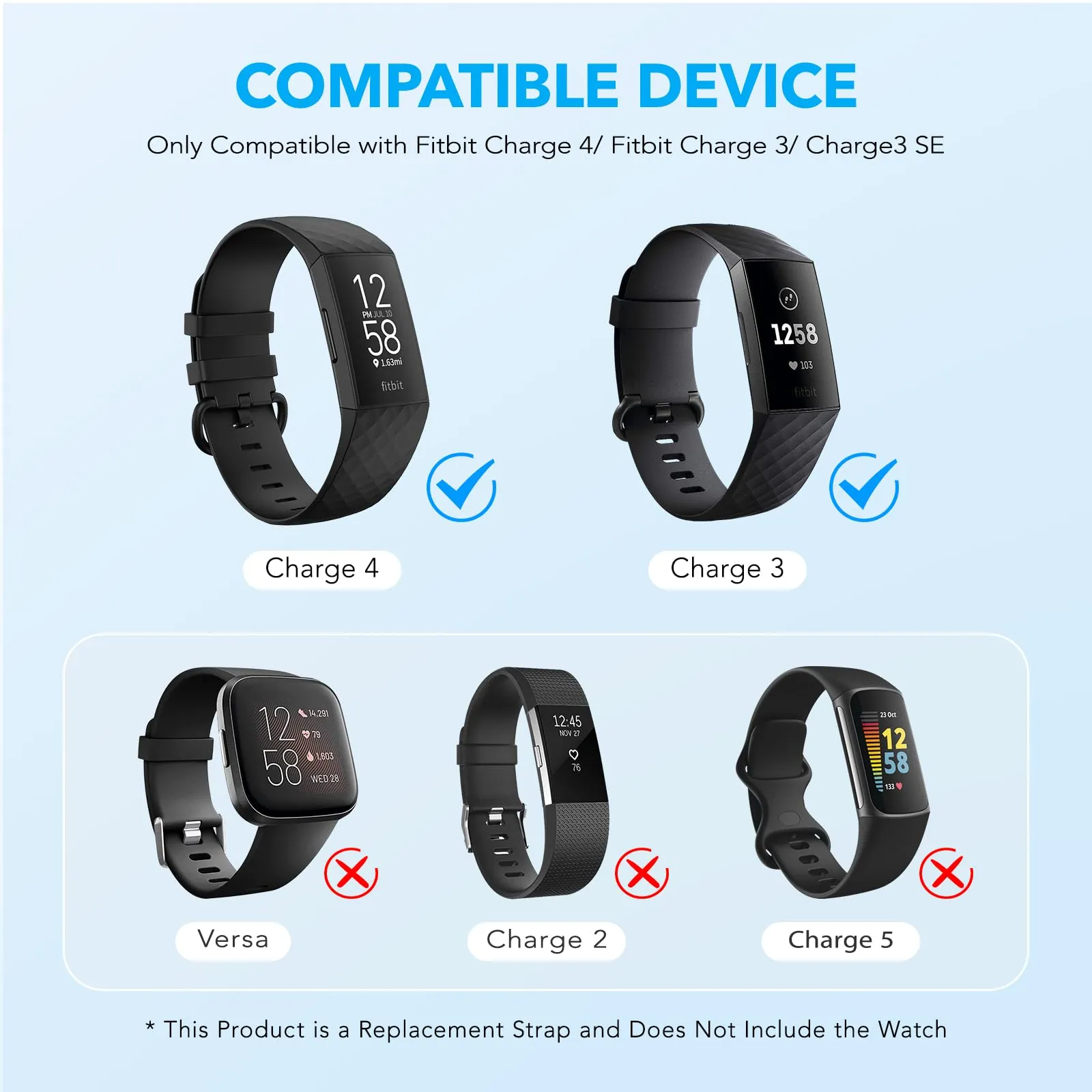 2 Pack Waterproof Bands Compatible with Fitbit charge 3 / Fitbit charge 4 / Fitbit Charge 3 SE, Classic Soft Sports Replacement Wristbands for Women Men (Large 7.1''-8.7'', black/black)