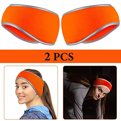 2 Pieces Ear Warmer Headband High Visibility Reflective Safety Headband Winter Running Headband Fleece Ear Covers for Girls Women Men (Fluorescent Orange)