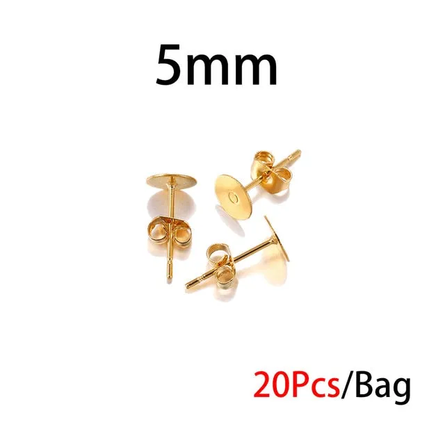 20-100pcs/lot Gold Stainless Steel Blank Post Earring Studs Base Pins With Earring Plug Findings Ear Back For DIY Jewelry Making