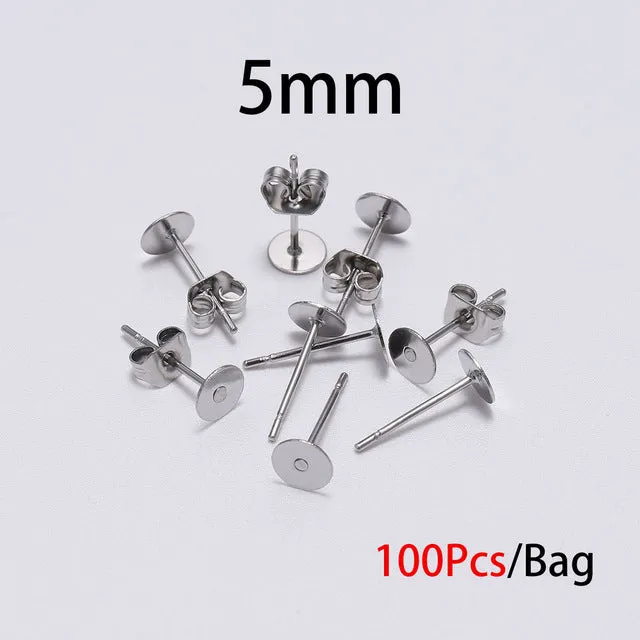 20-100pcs/lot Gold Stainless Steel Blank Post Earring Studs Base Pins With Earring Plug Findings Ear Back For DIY Jewelry Making