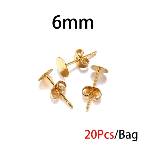 20-100pcs/lot Gold Stainless Steel Blank Post Earring Studs Base Pins With Earring Plug Findings Ear Back For DIY Jewelry Making