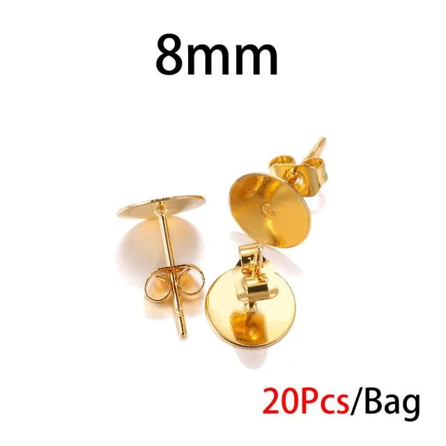 20-100pcs/lot Gold Stainless Steel Blank Post Earring Studs Base Pins With Earring Plug Findings Ear Back For DIY Jewelry Making