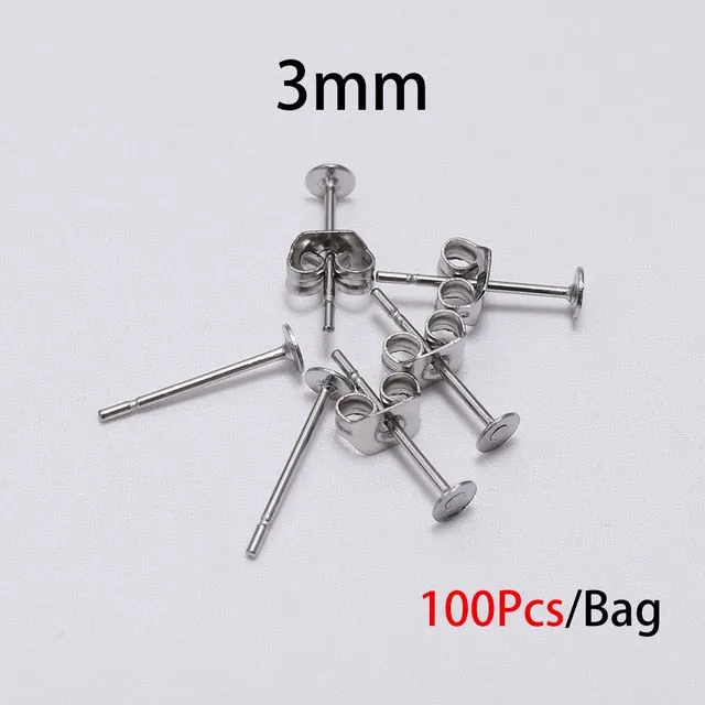 20-100pcs/lot Gold Stainless Steel Blank Post Earring Studs Base Pins With Earring Plug Findings Ear Back For DIY Jewelry Making
