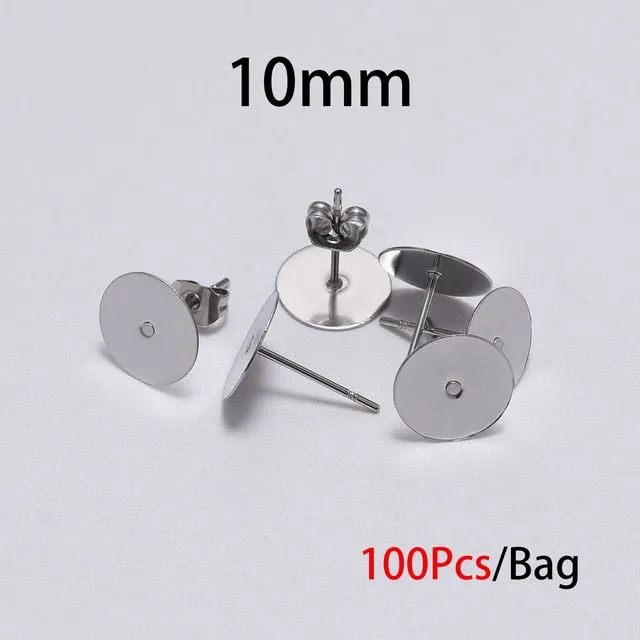 20-100pcs/lot Gold Stainless Steel Blank Post Earring Studs Base Pins With Earring Plug Findings Ear Back For DIY Jewelry Making