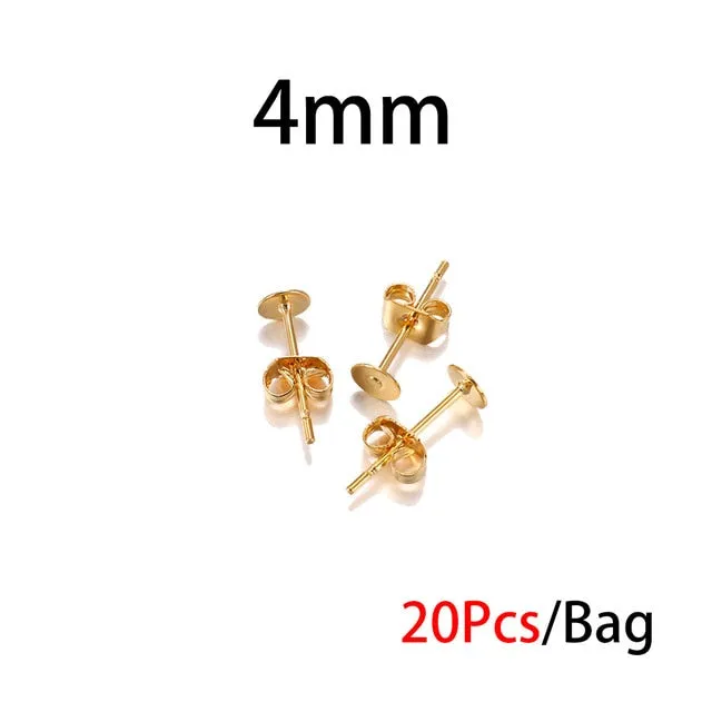 20-100pcs/lot Gold Stainless Steel Blank Post Earring Studs Base Pins With Earring Plug Findings Ear Back For DIY Jewelry Making