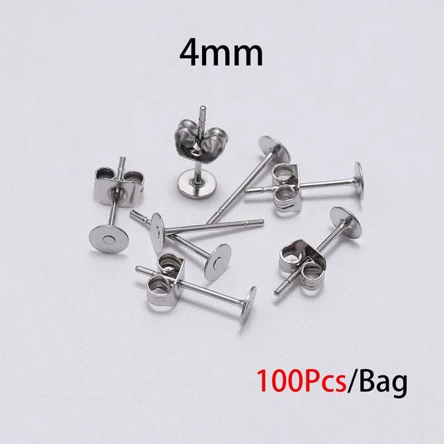 20-100pcs/lot Gold Stainless Steel Blank Post Earring Studs Base Pins With Earring Plug Findings Ear Back For DIY Jewelry Making