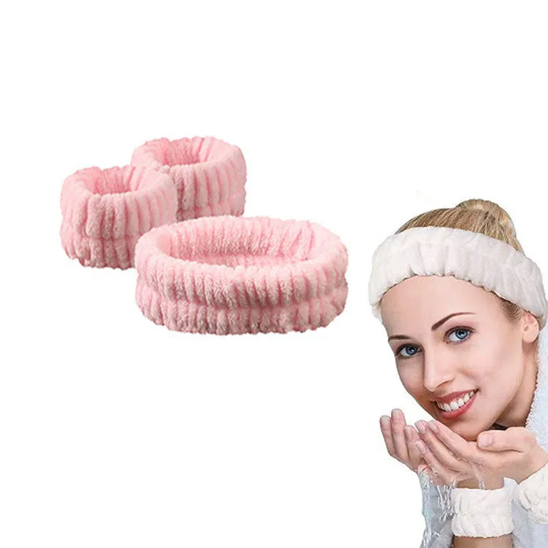 (3-piece set) Microfiber Facial Care Hairband Spa Wrist Bracelet (One Size) - Pink