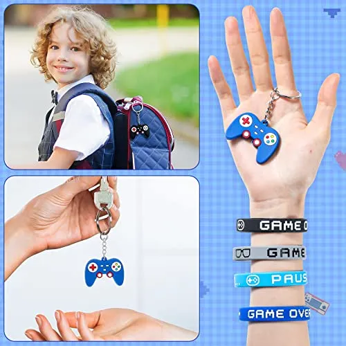 36 Pieces Video Game Party Favors Includes Video Game Bracelets Wristbands Gaming Party Bags with Drawstring Game Controller Keychains for Video Game Birthday Party Favors Supplies