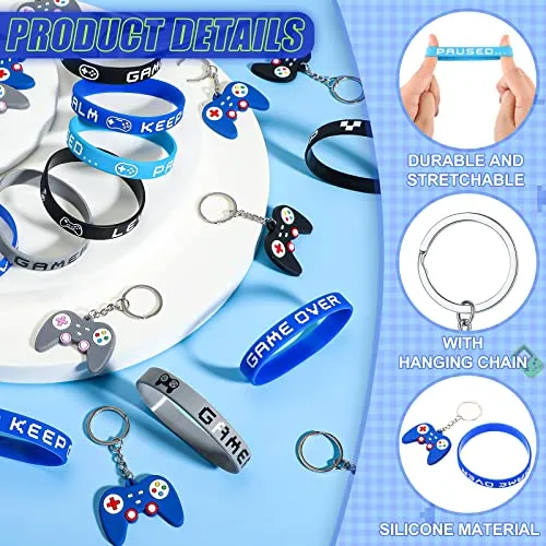 36 Pieces Video Game Party Favors Includes Video Game Bracelets Wristbands Gaming Party Bags with Drawstring Game Controller Keychains for Video Game Birthday Party Favors Supplies