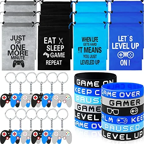 36 Pieces Video Game Party Favors Includes Video Game Bracelets Wristbands Gaming Party Bags with Drawstring Game Controller Keychains for Video Game Birthday Party Favors Supplies