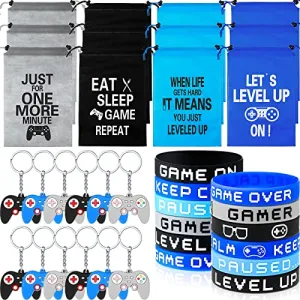 36 Pieces Video Game Party Favors Includes Video Game Bracelets Wristbands Gaming Party Bags with Drawstring Game Controller Keychains for Video Game Birthday Party Favors Supplies