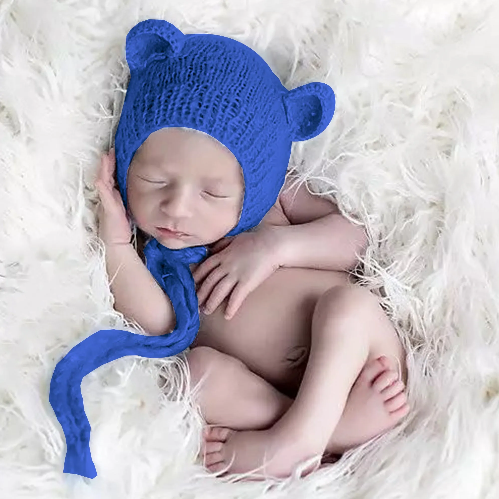 Babymoon Knitted Mohair Baby Hat Cap | Baby Photoshoot Props | 0-3 Months | Royal Blue