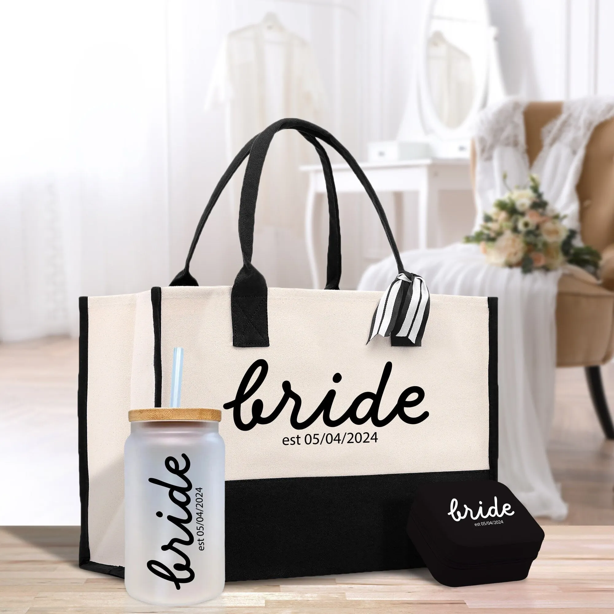 Bride Est Year Tote Bag Personalized Date Wedding Tote Bridal Shower Gift Set Honeymoon Gift Customized Wedding Gift Bridesmaid Gift