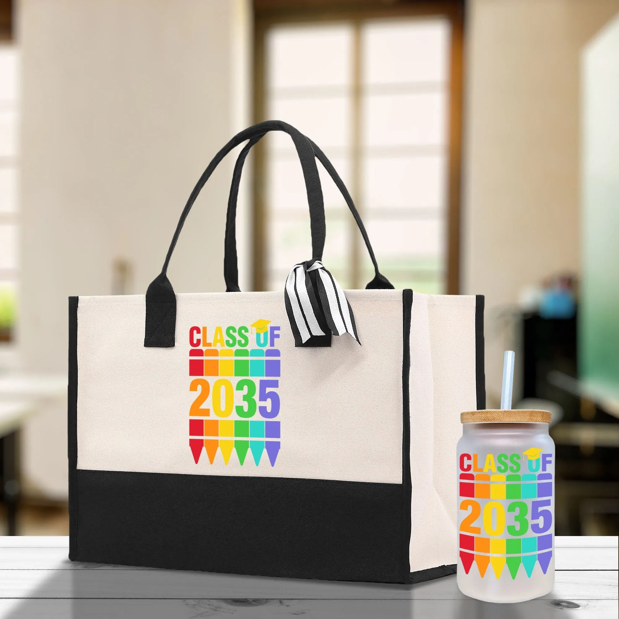 Class of 2035 Colorful Crayons Cotton Canvas Tote Bag Graduation Gift Bag Last Day of School Pre-Kindergarten Bag First Day of School Bag