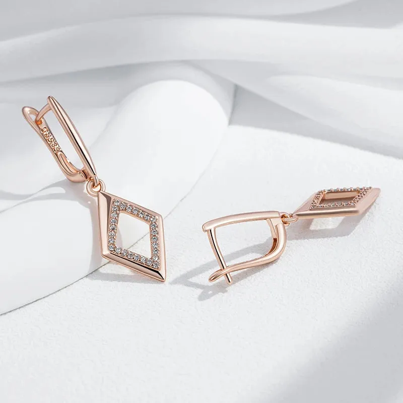 Elegant 585 Rose Gold Geometric Oval Rectangle Zircon Hoop Earrings