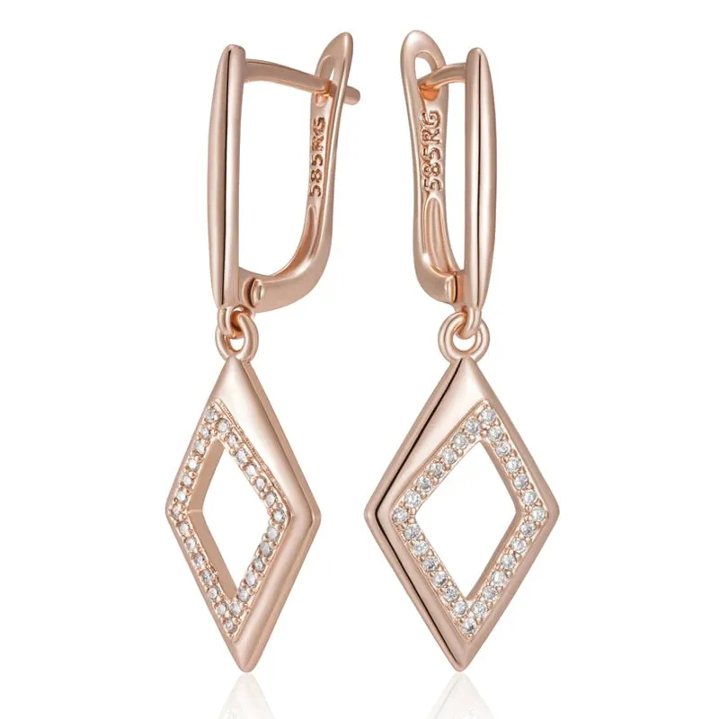Elegant 585 Rose Gold Geometric Oval Rectangle Zircon Hoop Earrings