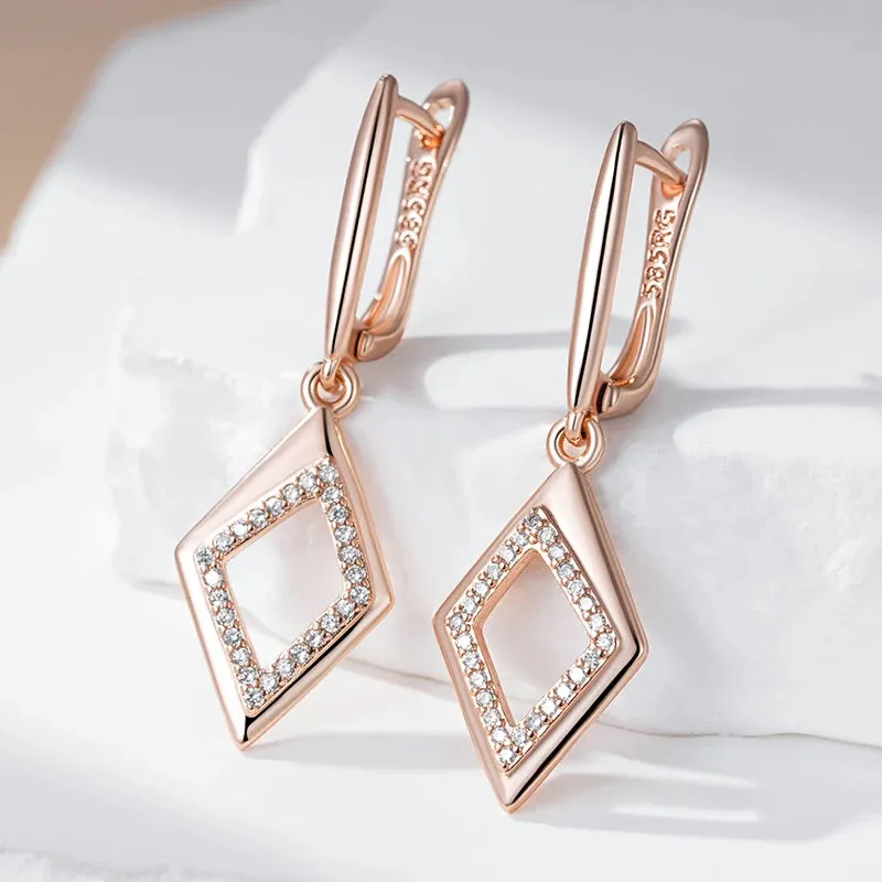 Elegant 585 Rose Gold Geometric Oval Rectangle Zircon Hoop Earrings