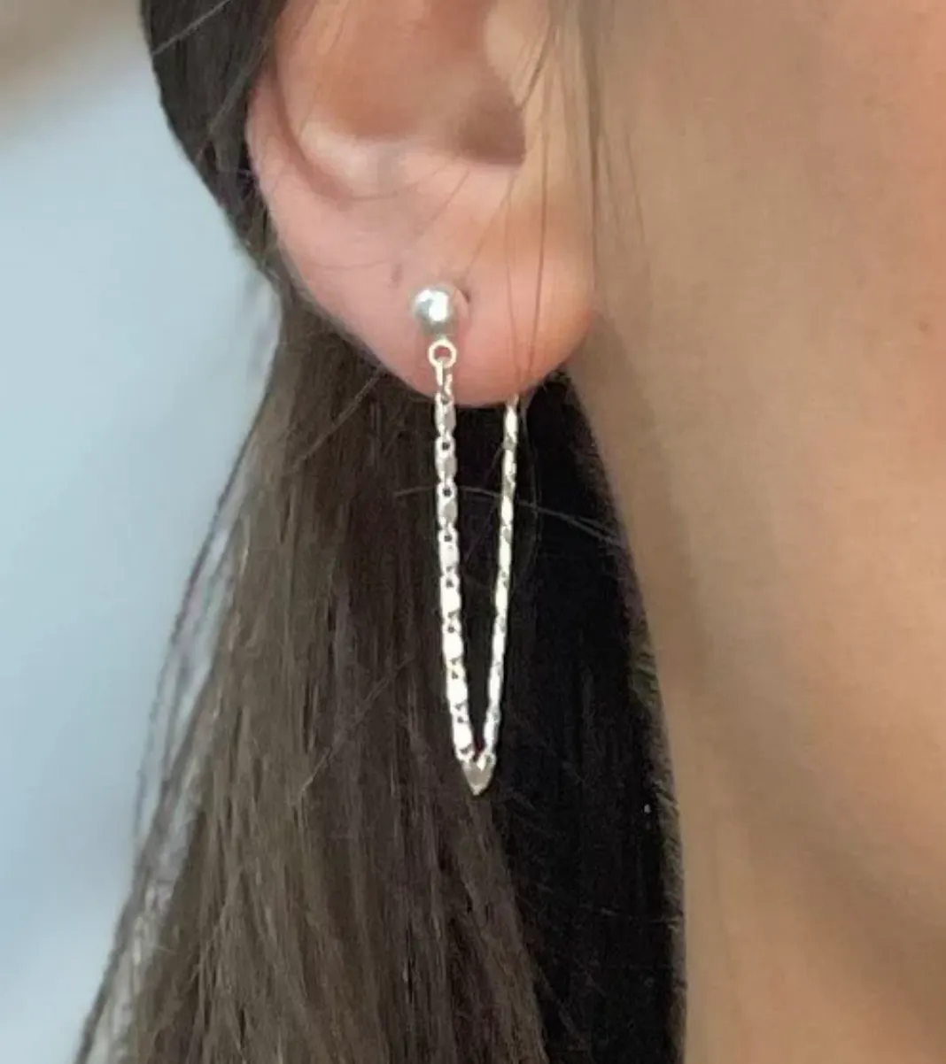 Extended Link Bar Drop Chain Mason Ball Stud Earring in Silver
