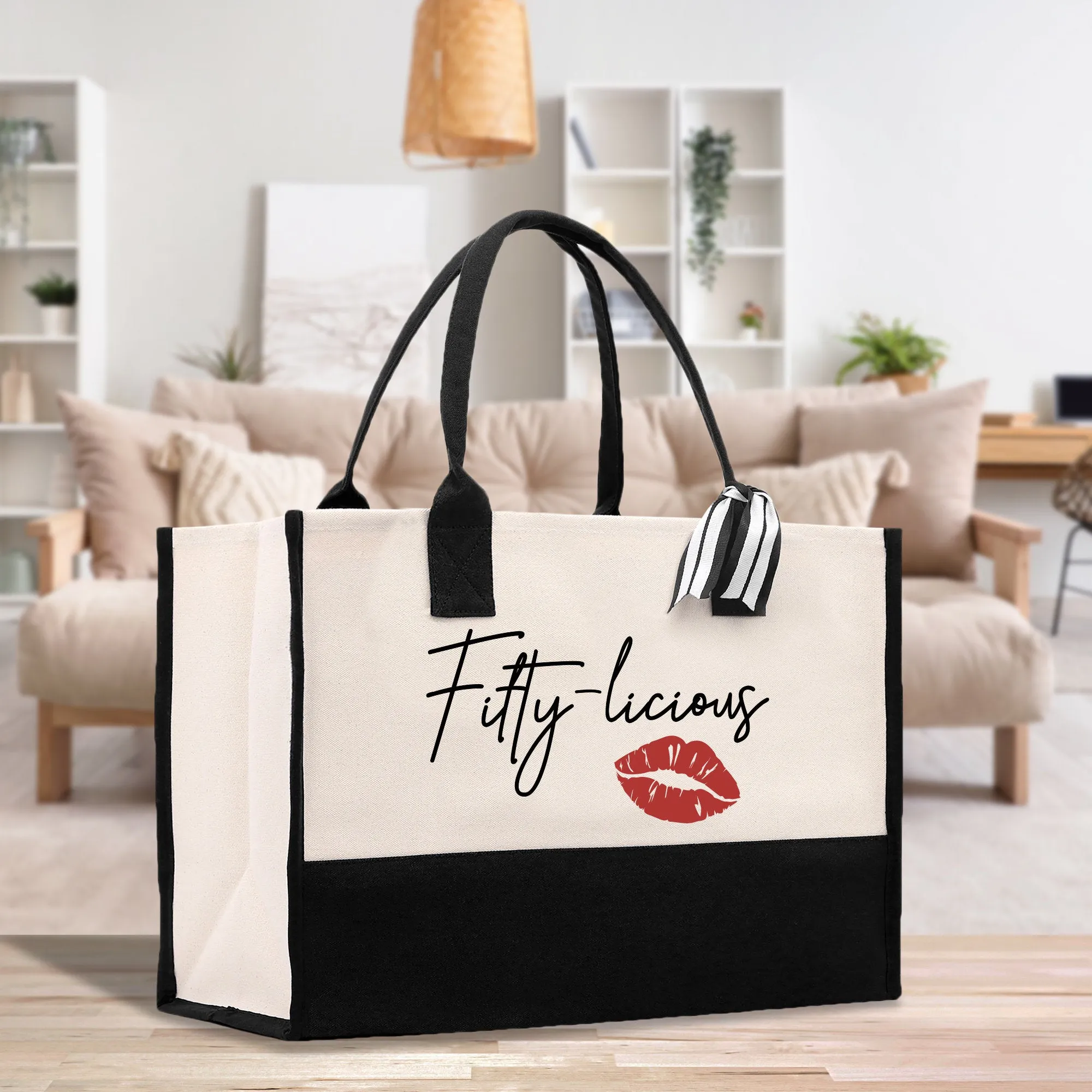 Fifty-licious 50 Age Birthday Cotton Canvas Tote Bag 50th Birthday Gift For Women 50th Birthday Celebration Party Gift (BDT1014)