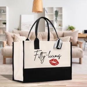 Fifty-licious 50 Age Birthday Cotton Canvas Tote Bag 50th Birthday Gift For Women 50th Birthday Celebration Party Gift (BDT1014)