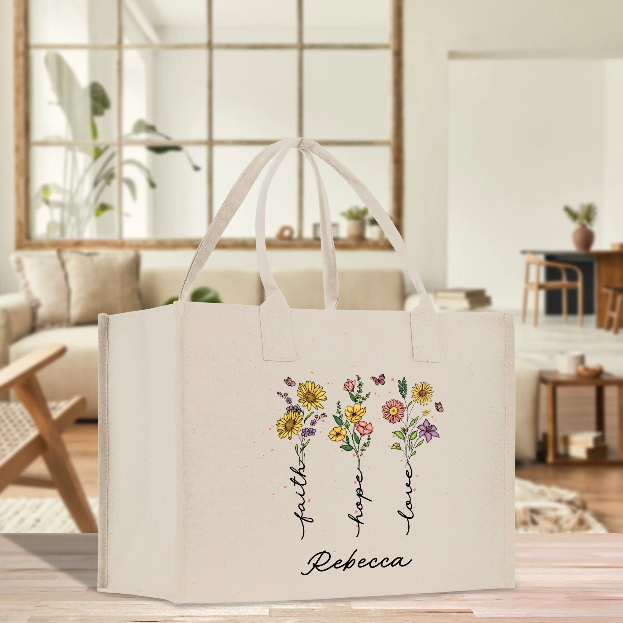 Floral Faith Hope Believe Personalized Name Religious Cotton Canvas Tote Bag For Women Custom Religious Gifts Church Tote Bag