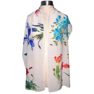 Floral Sumi-e Handpainted Silk Wrap with Butterflies