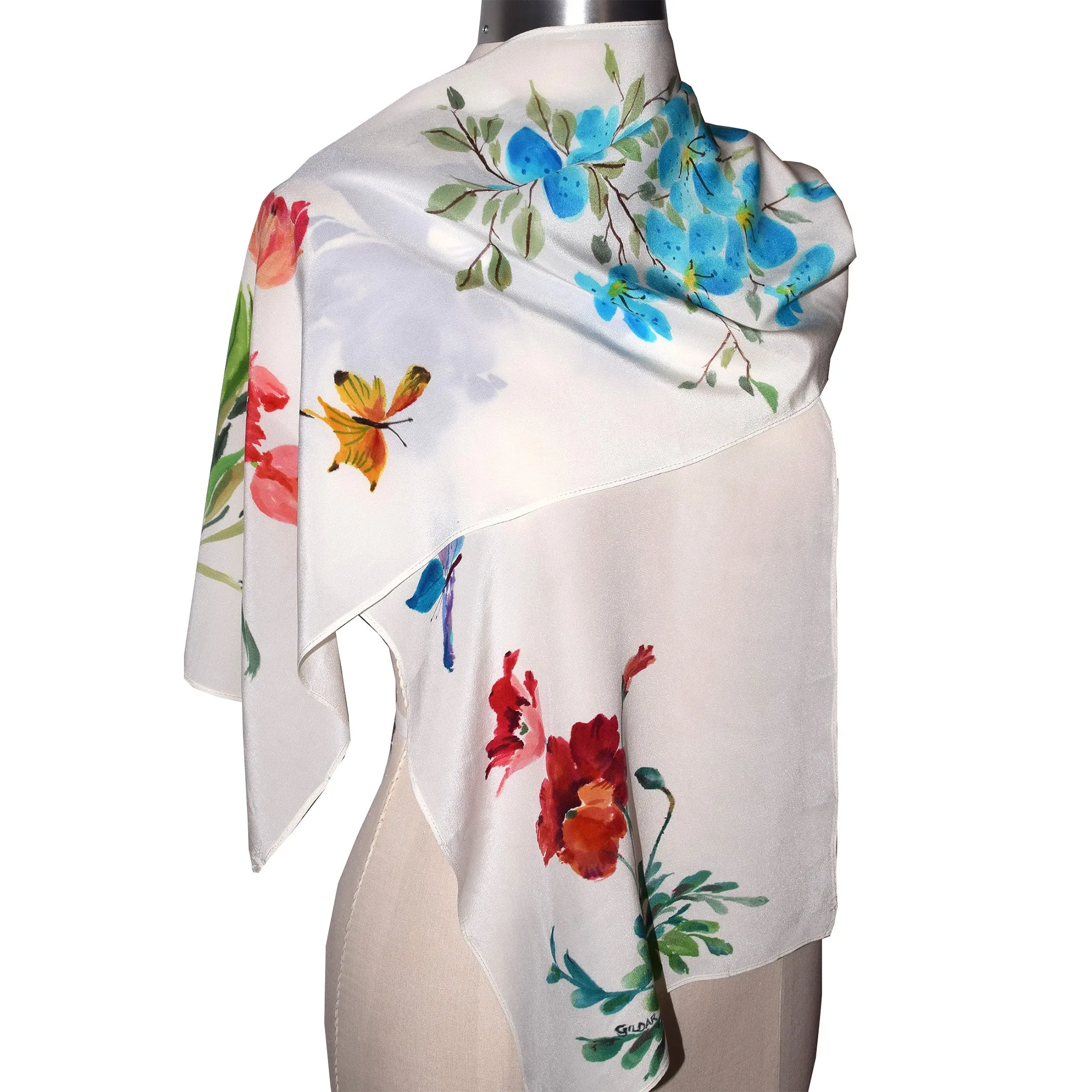 Floral Sumi-e Handpainted Silk Wrap with Butterflies
