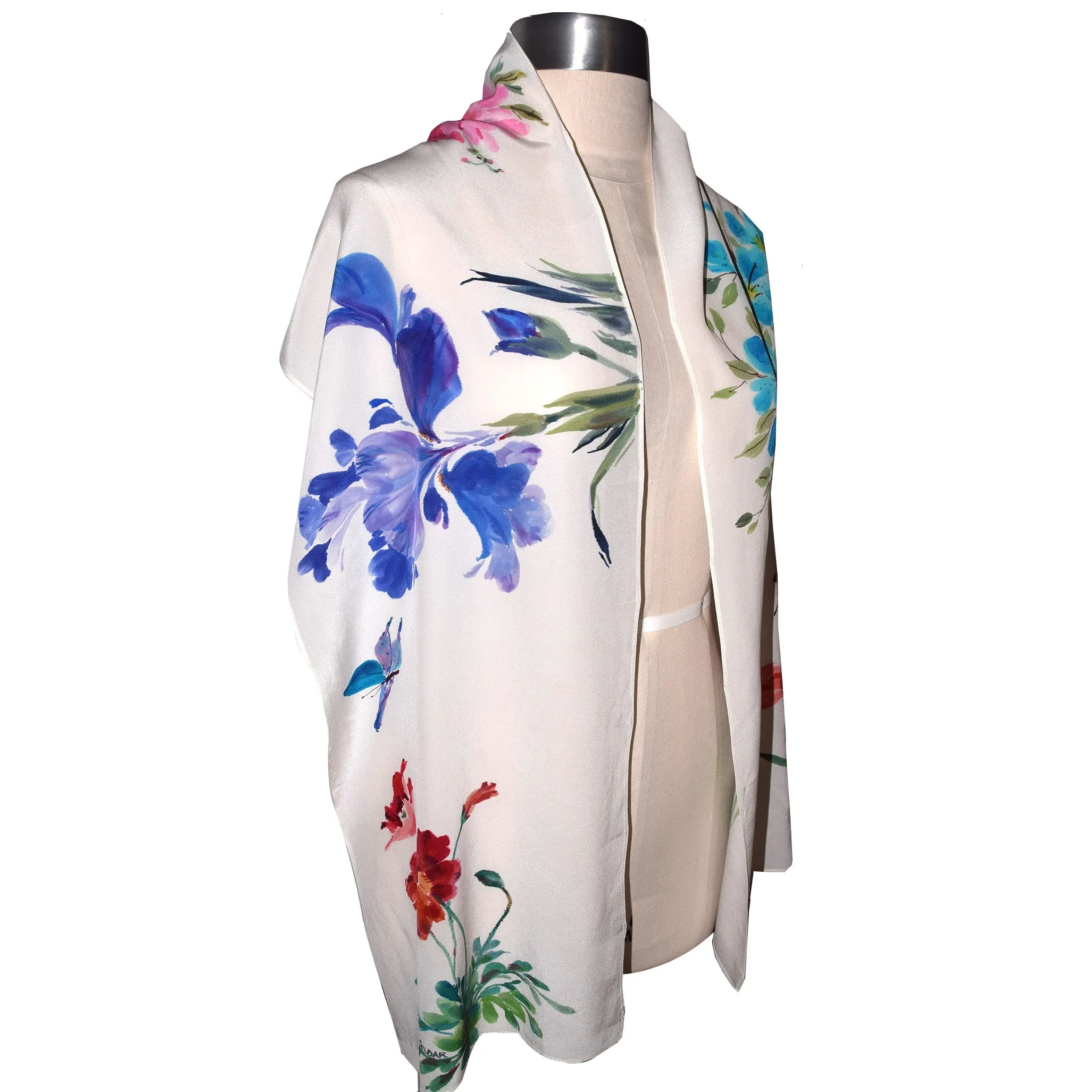 Floral Sumi-e Handpainted Silk Wrap with Butterflies