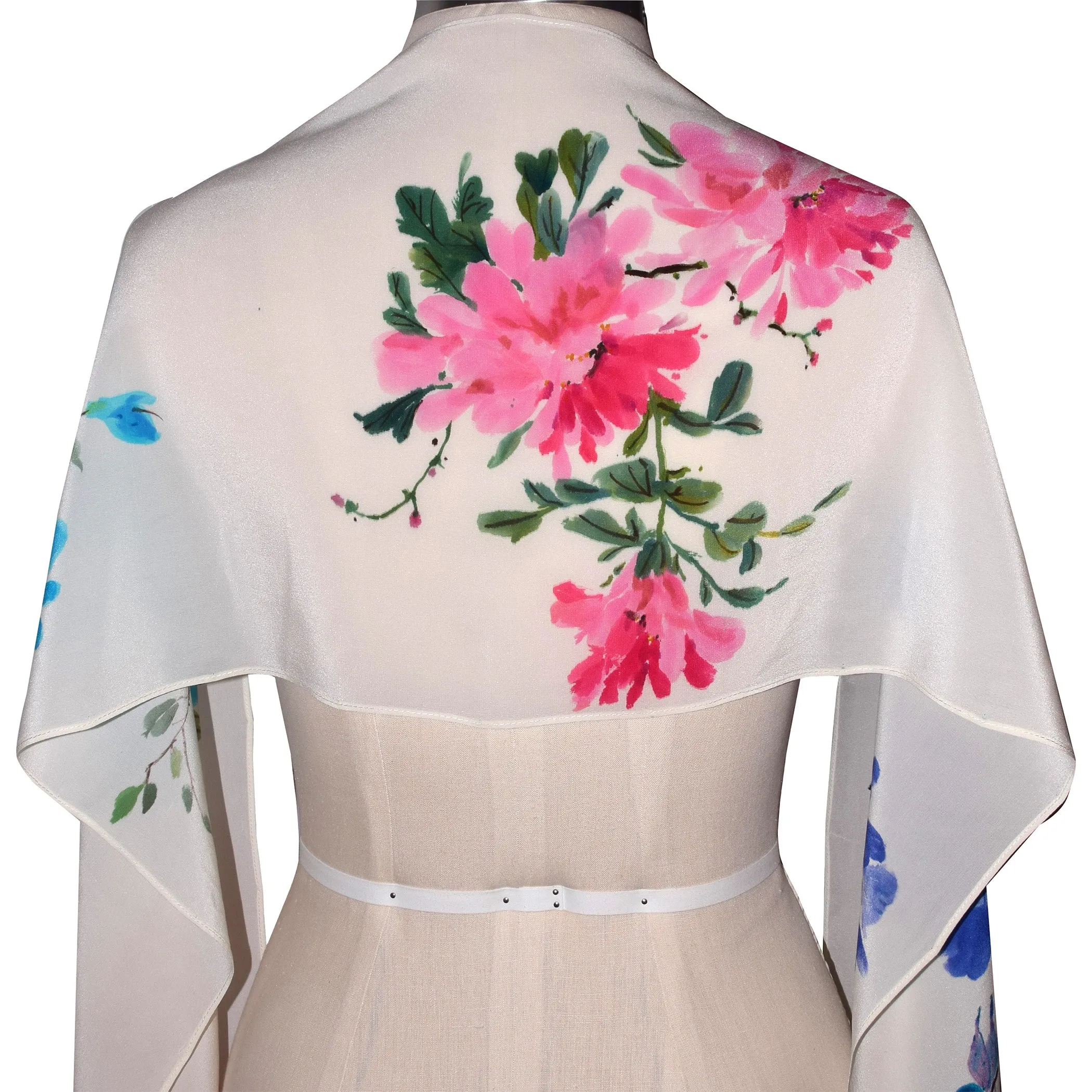 Floral Sumi-e Handpainted Silk Wrap with Butterflies