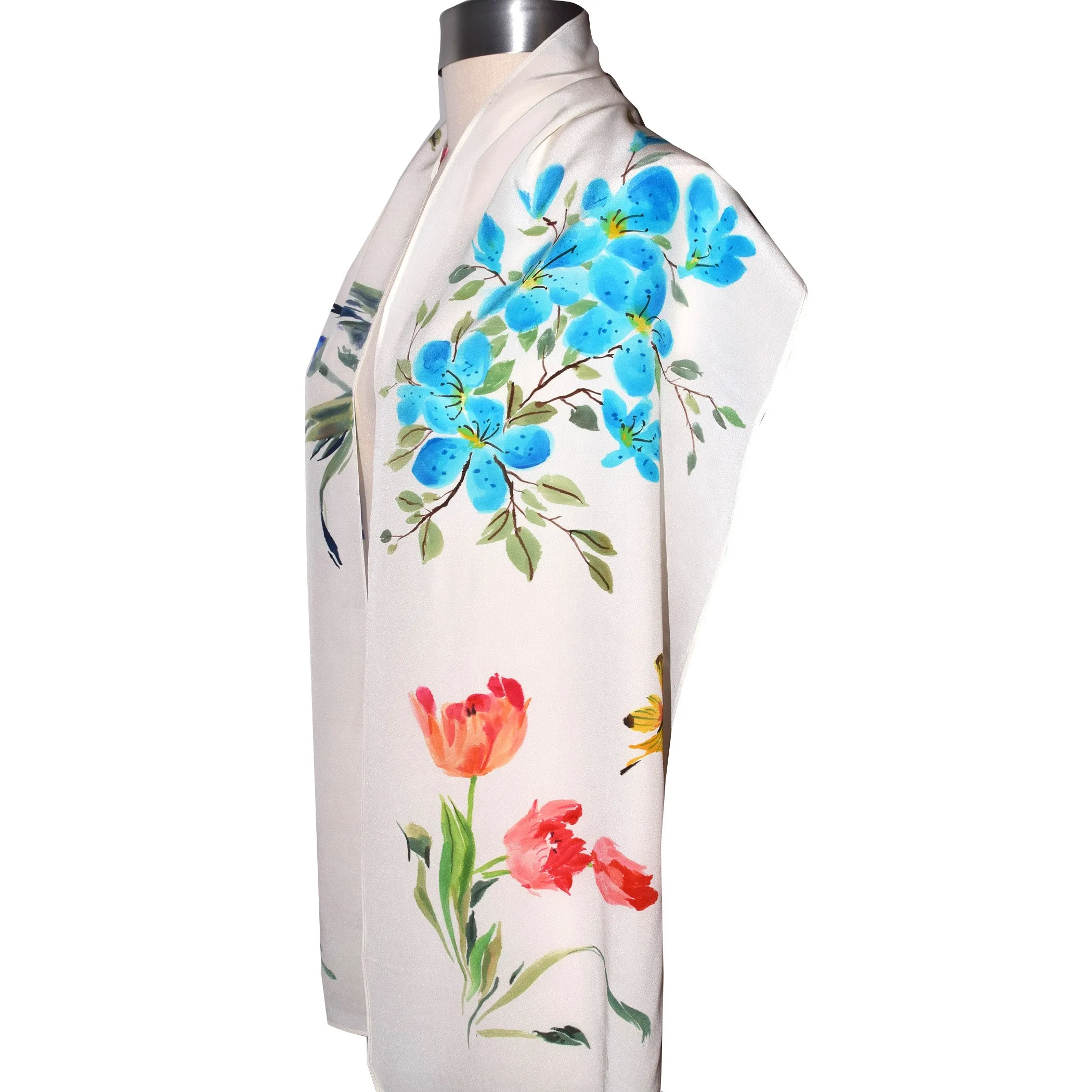 Floral Sumi-e Handpainted Silk Wrap with Butterflies