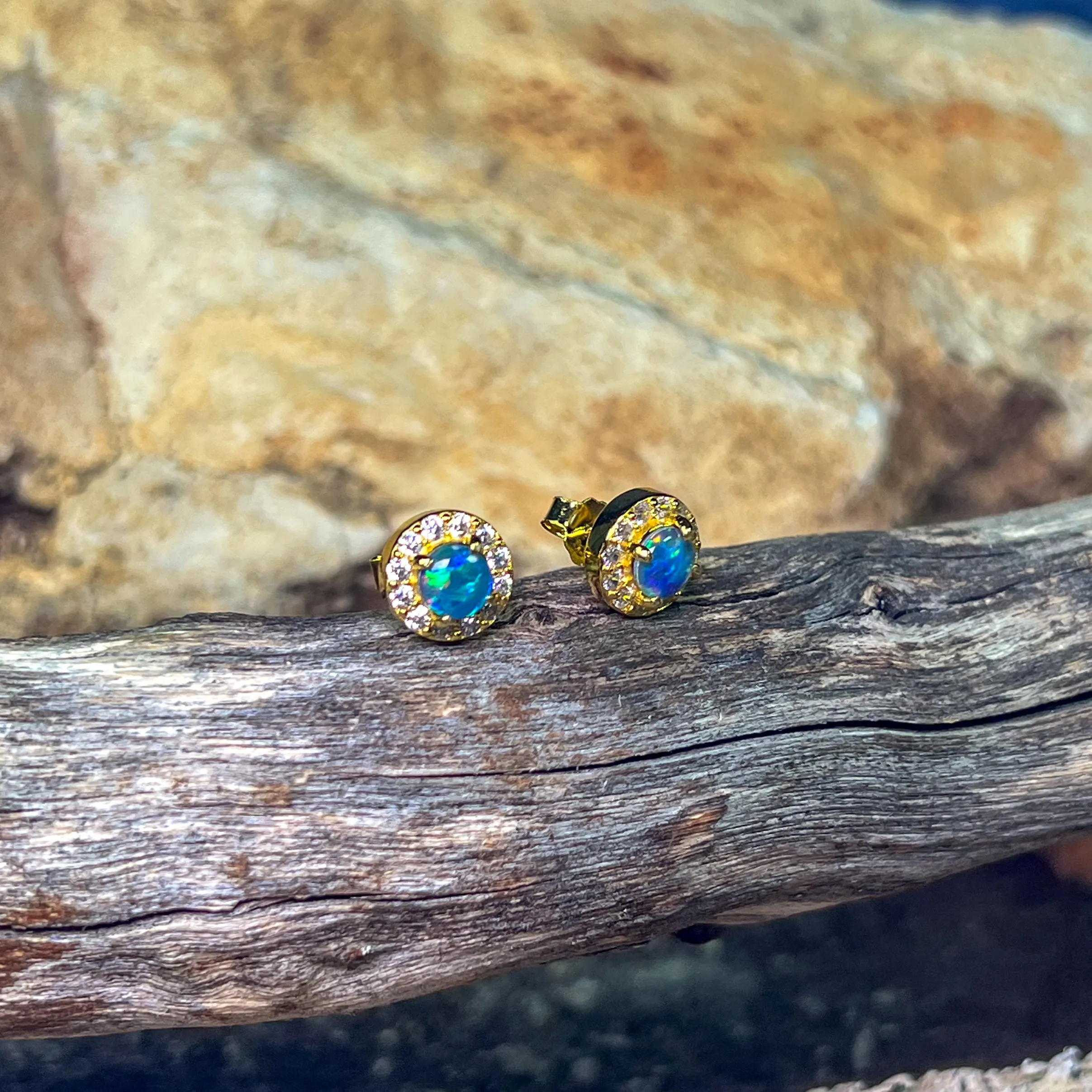 Gold Plated Sterling Silver 5mm Opal triplet halo earring studs