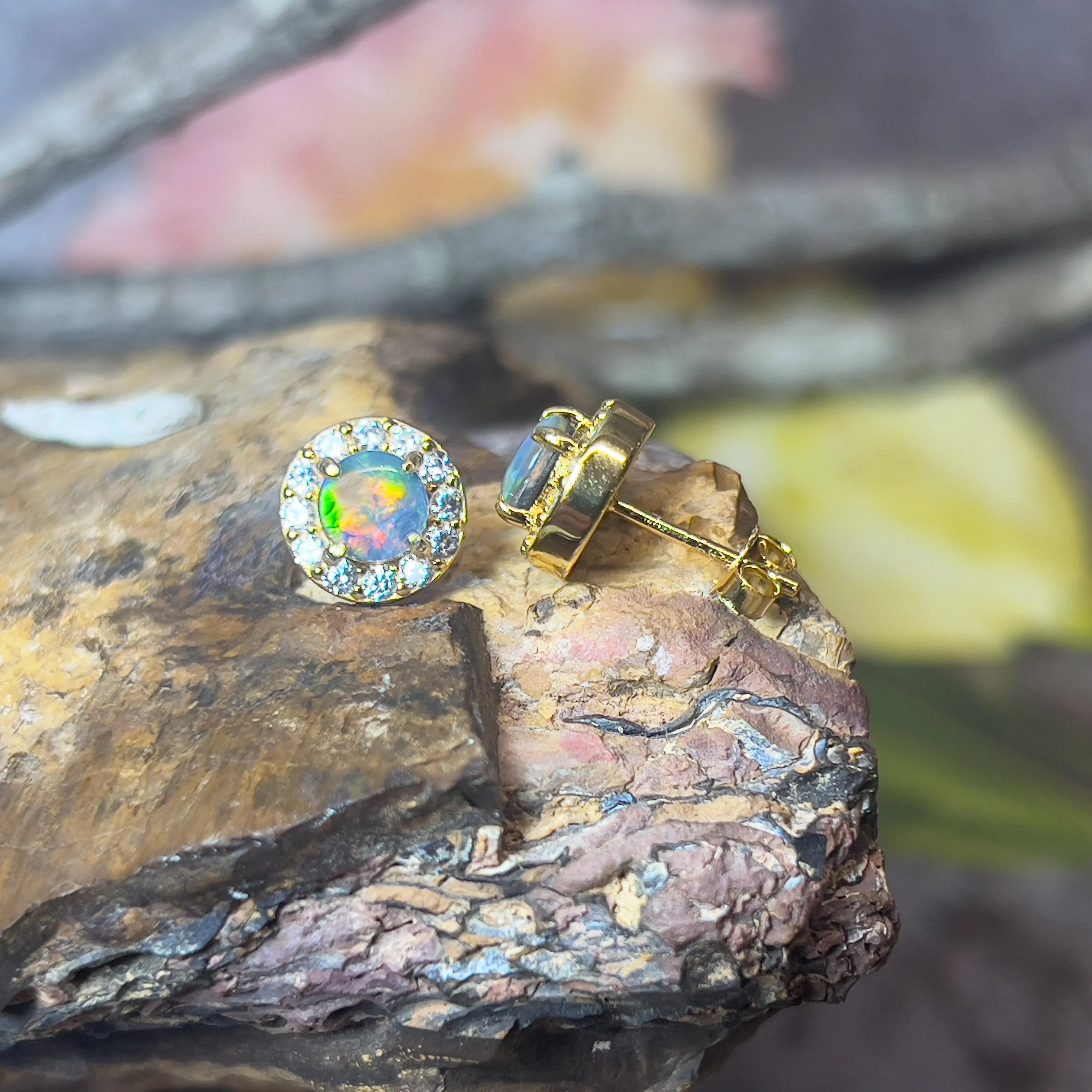 Gold Plated Sterling Silver 5mm Opal triplet halo earring studs