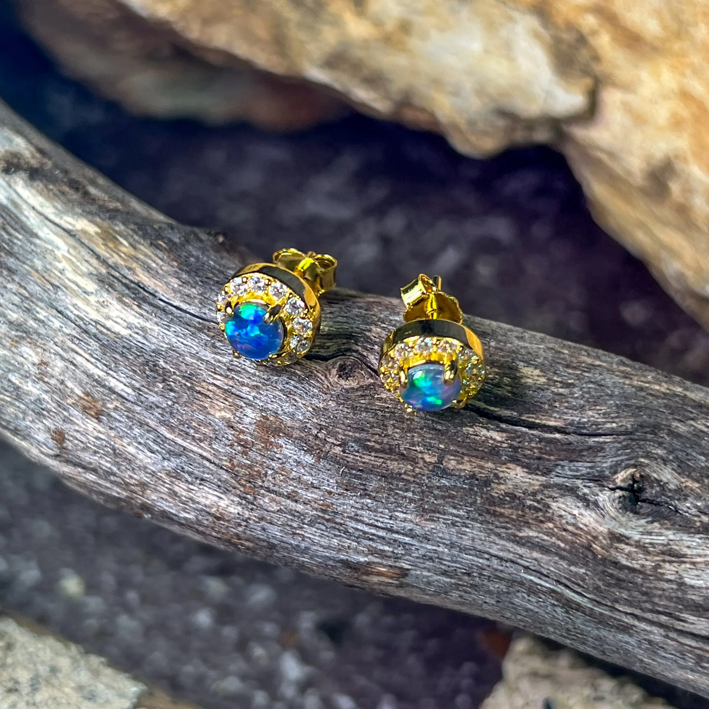 Gold Plated Sterling Silver 5mm Opal triplet halo earring studs