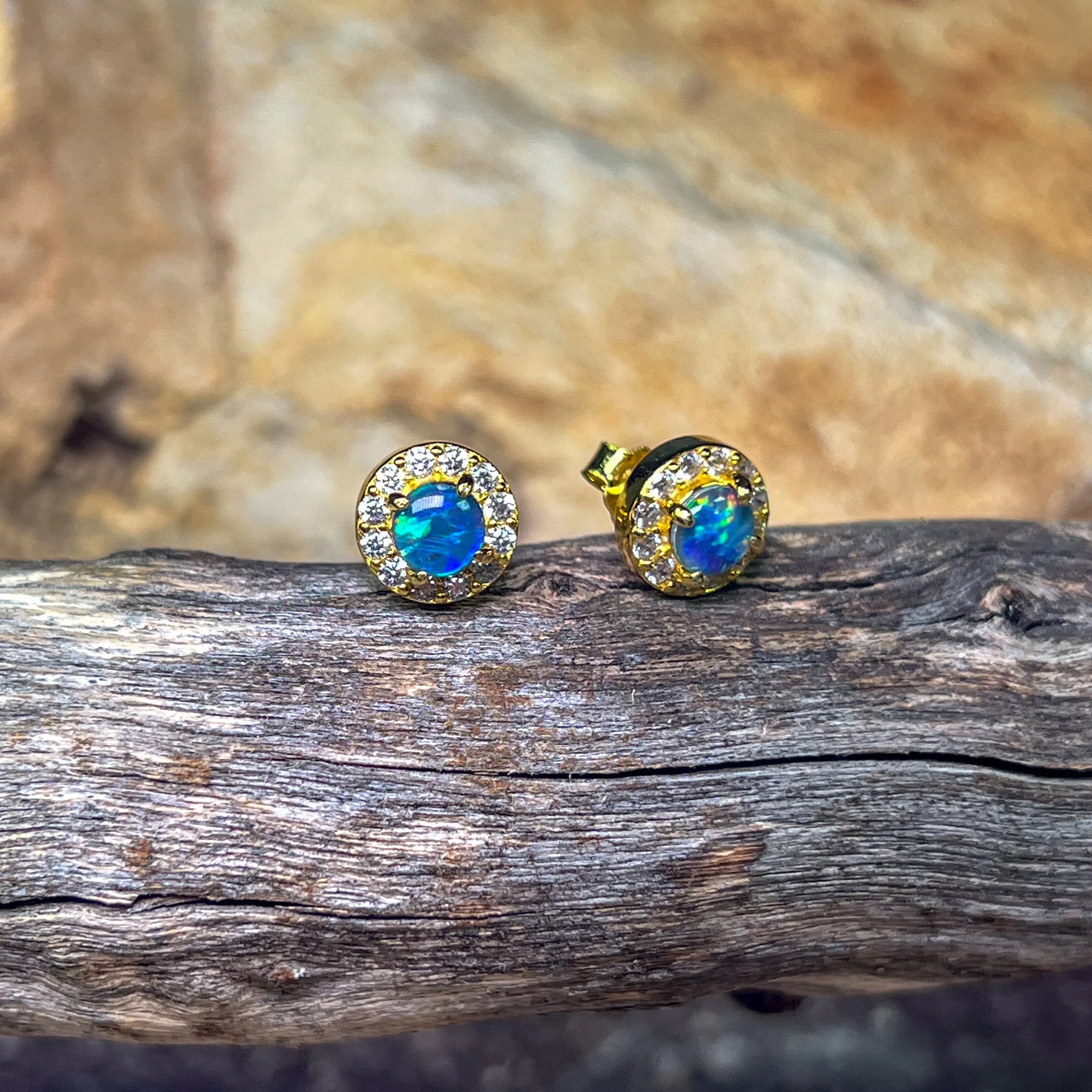 Gold Plated Sterling Silver 5mm Opal triplet halo earring studs