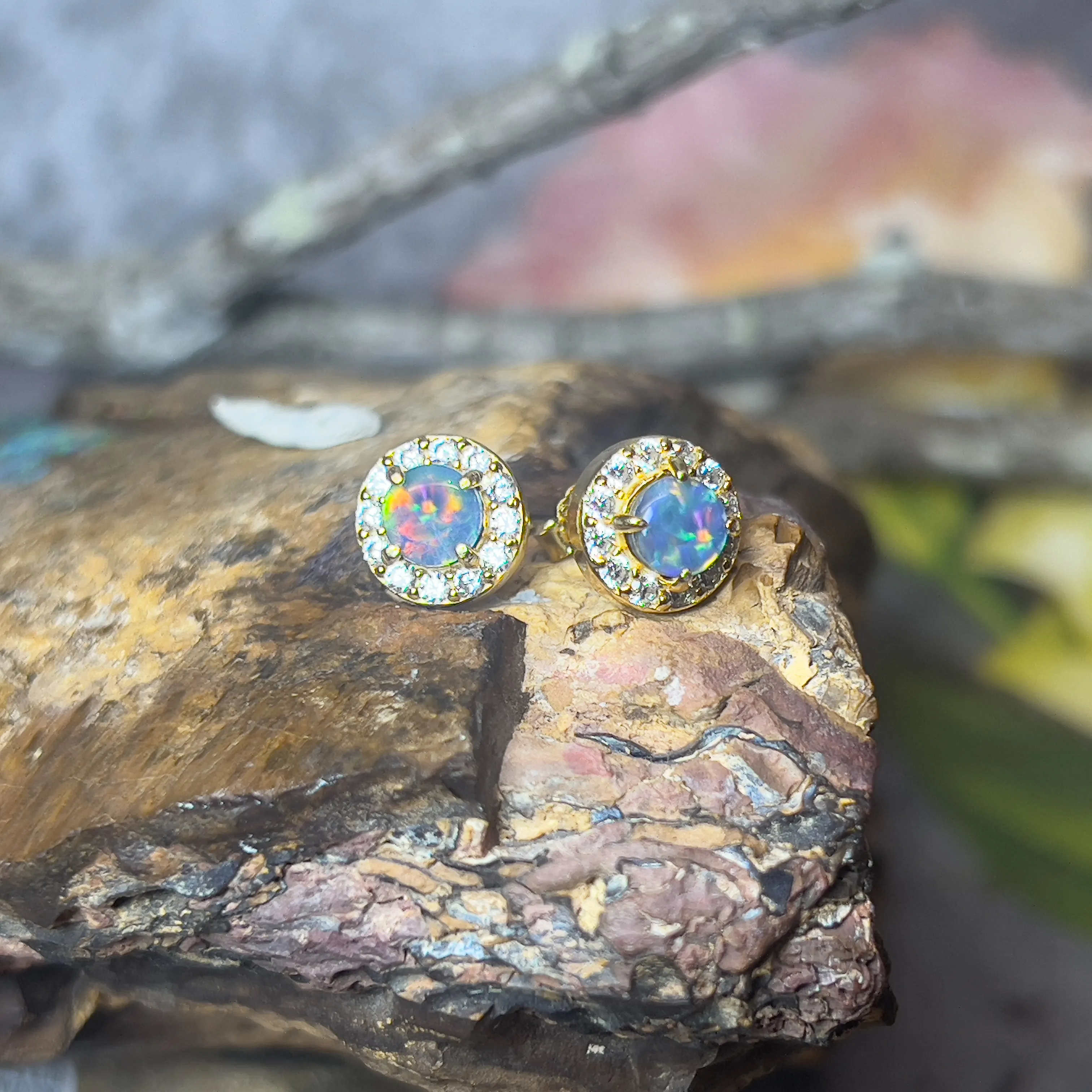 Gold Plated Sterling Silver 5mm Opal triplet halo earring studs