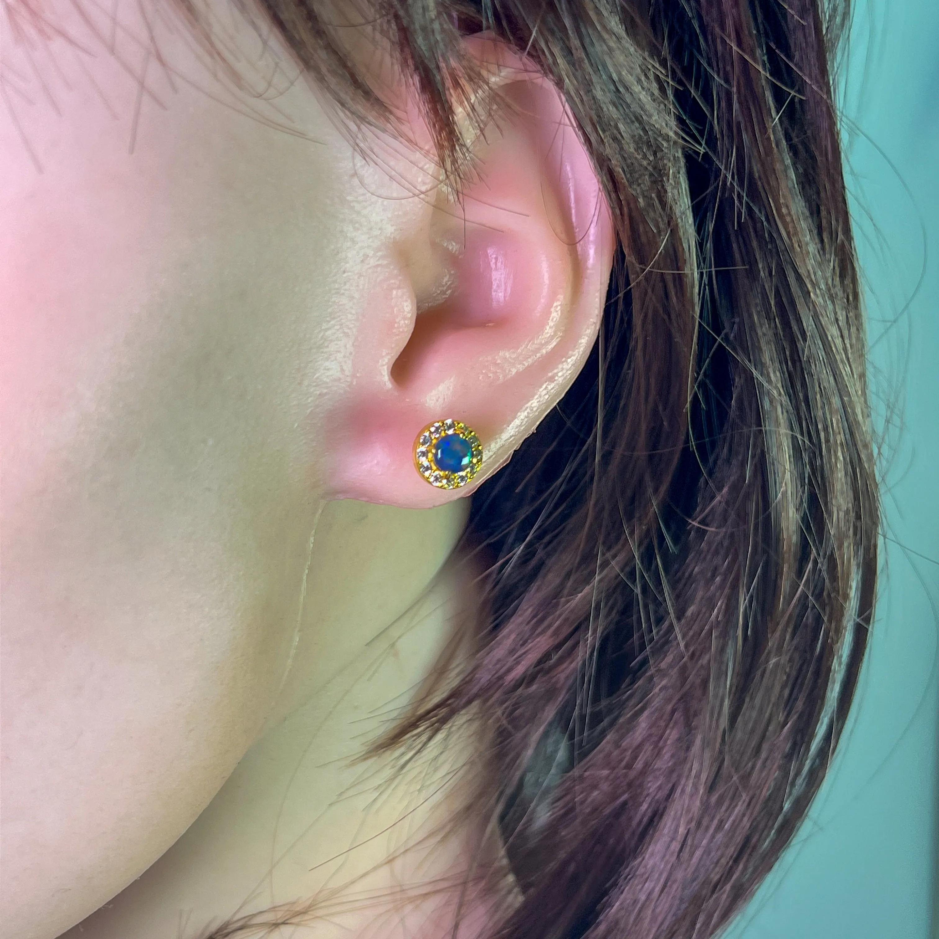 Gold Plated Sterling Silver 5mm Opal triplet halo earring studs