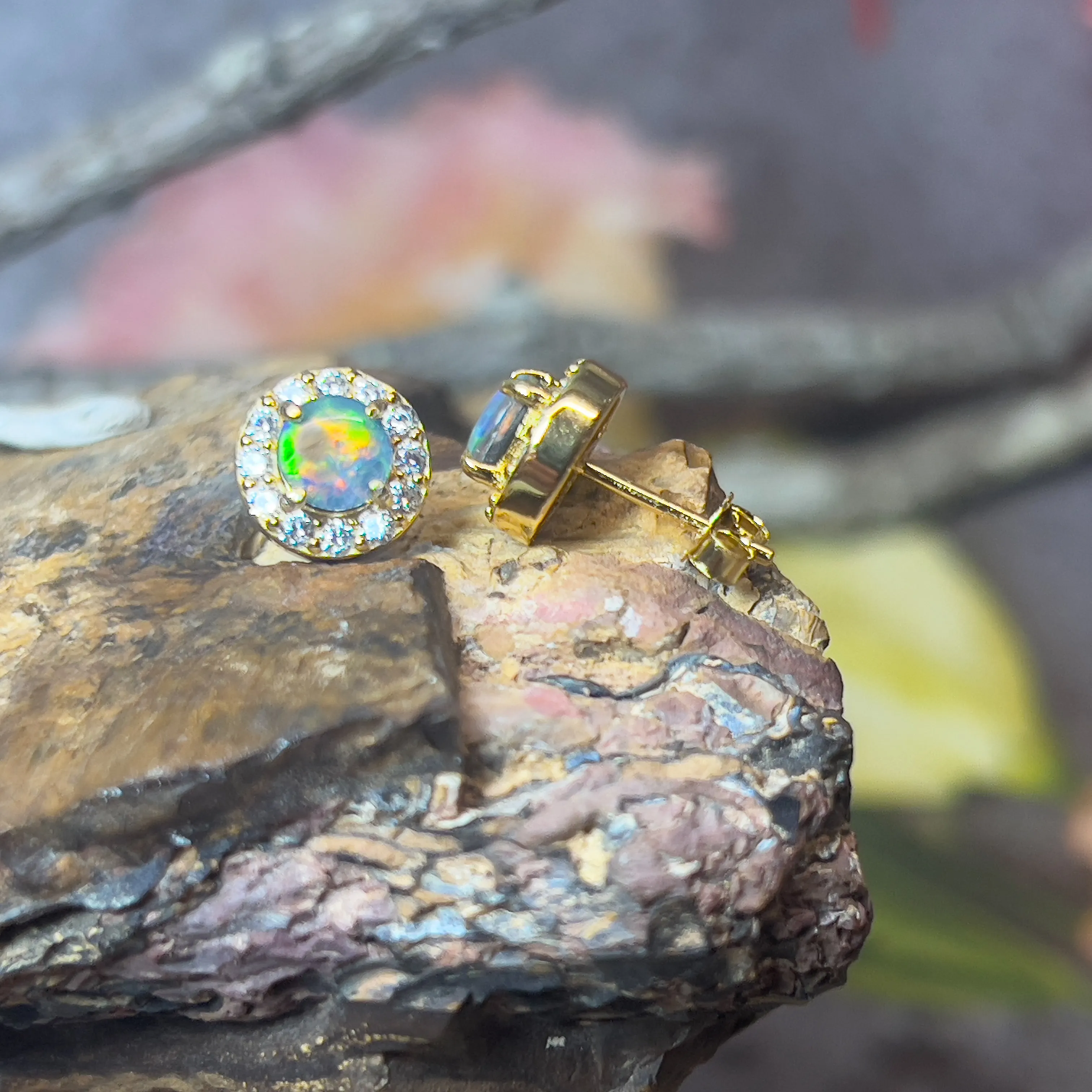 Gold Plated Sterling Silver 5mm Opal triplet halo earring studs