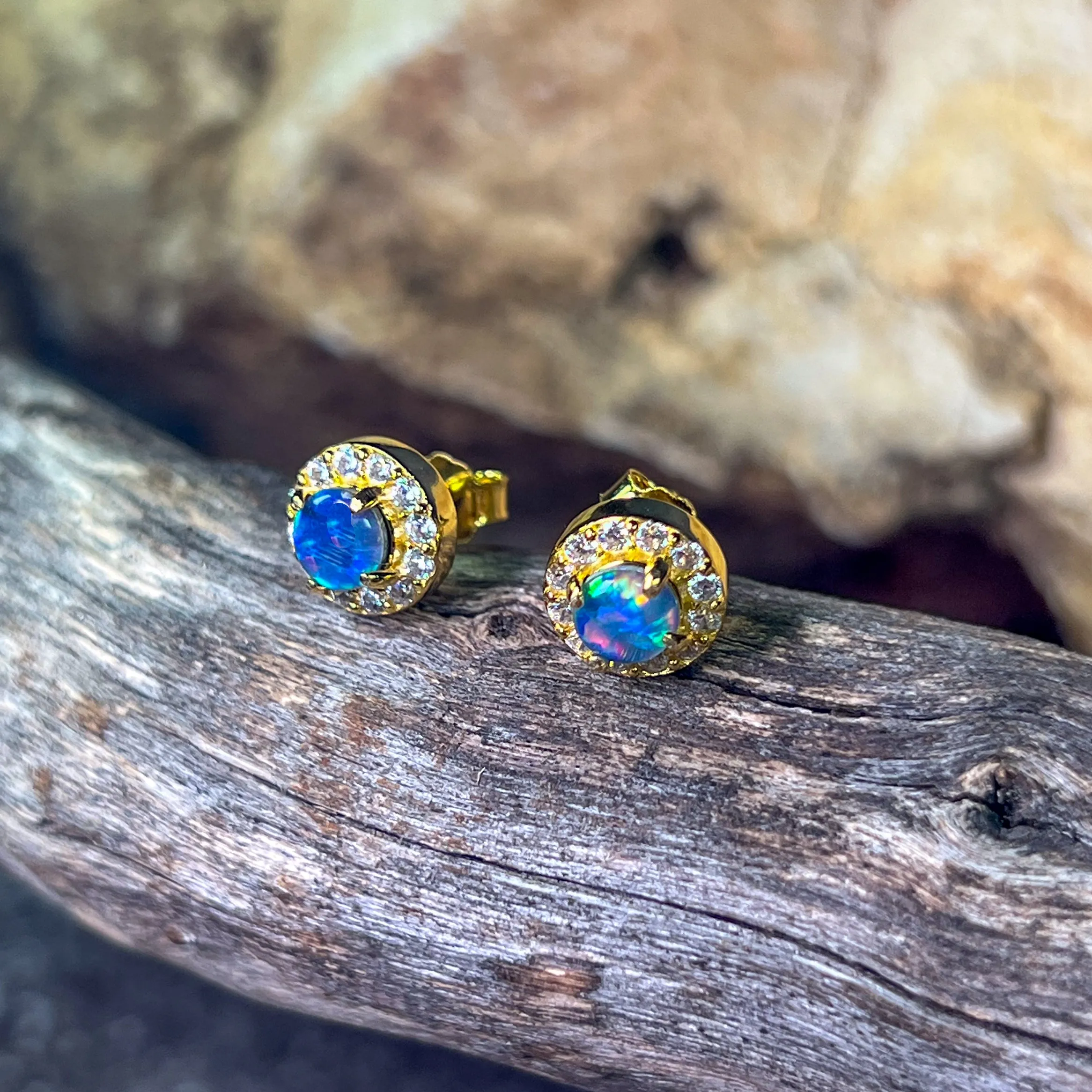Gold Plated Sterling Silver 5mm Opal triplet halo earring studs