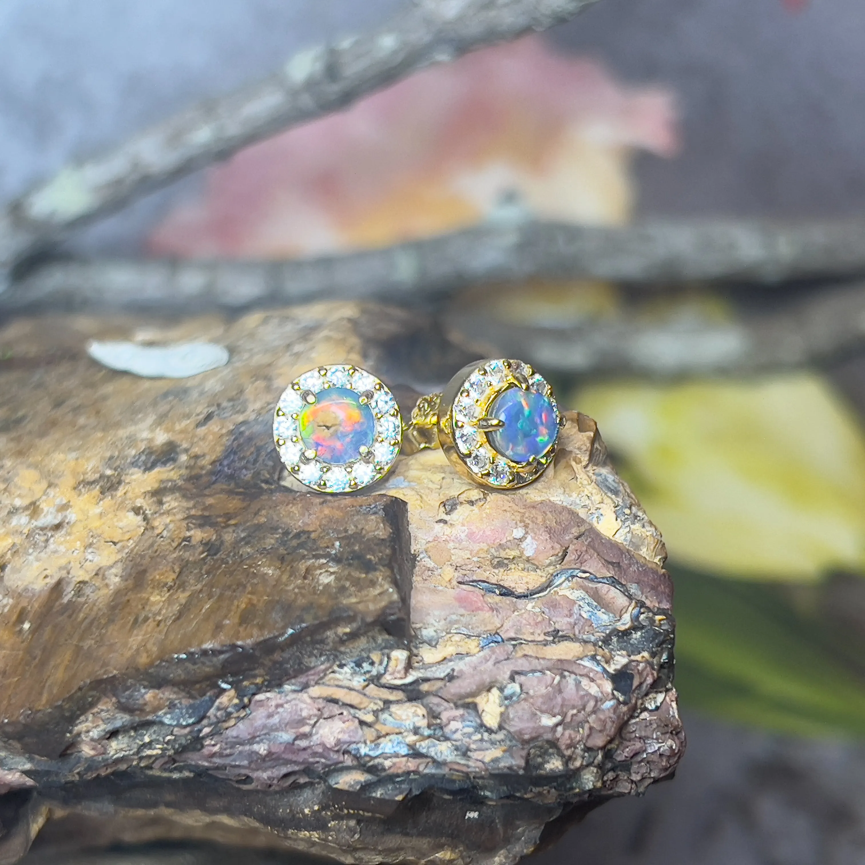Gold Plated Sterling Silver 5mm Opal triplet halo earring studs