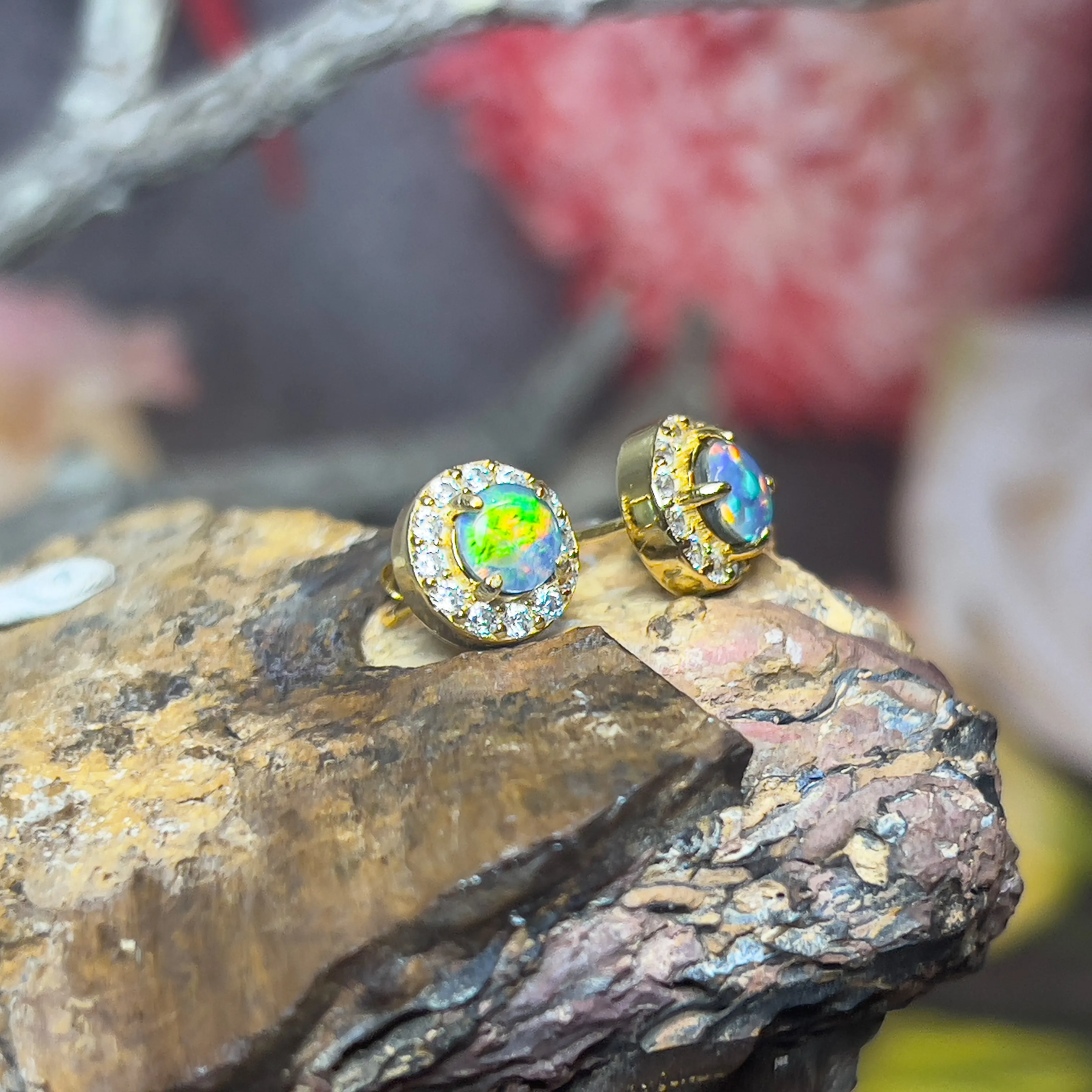 Gold Plated Sterling Silver 5mm Opal triplet halo earring studs