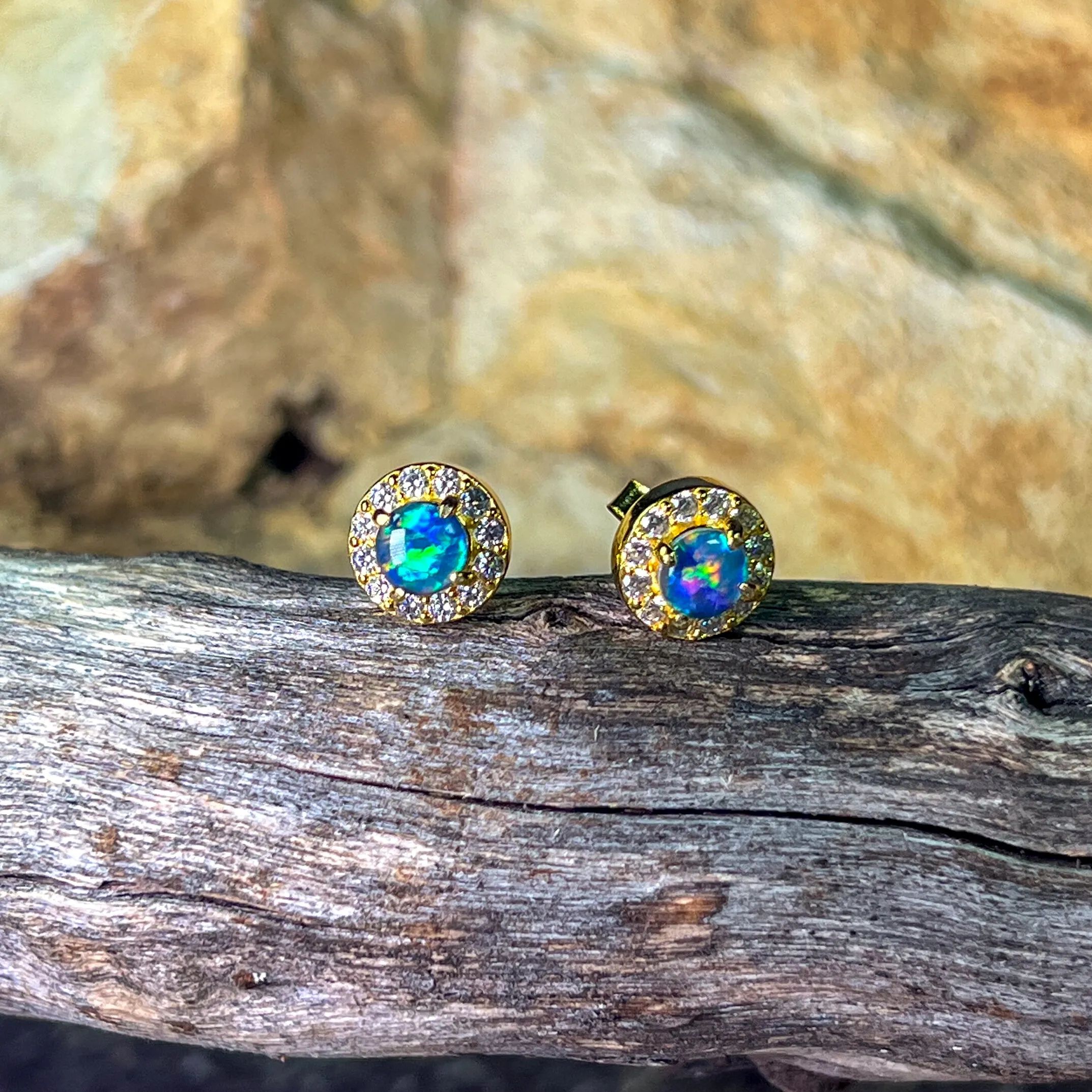 Gold Plated Sterling Silver 5mm Opal triplet halo earring studs