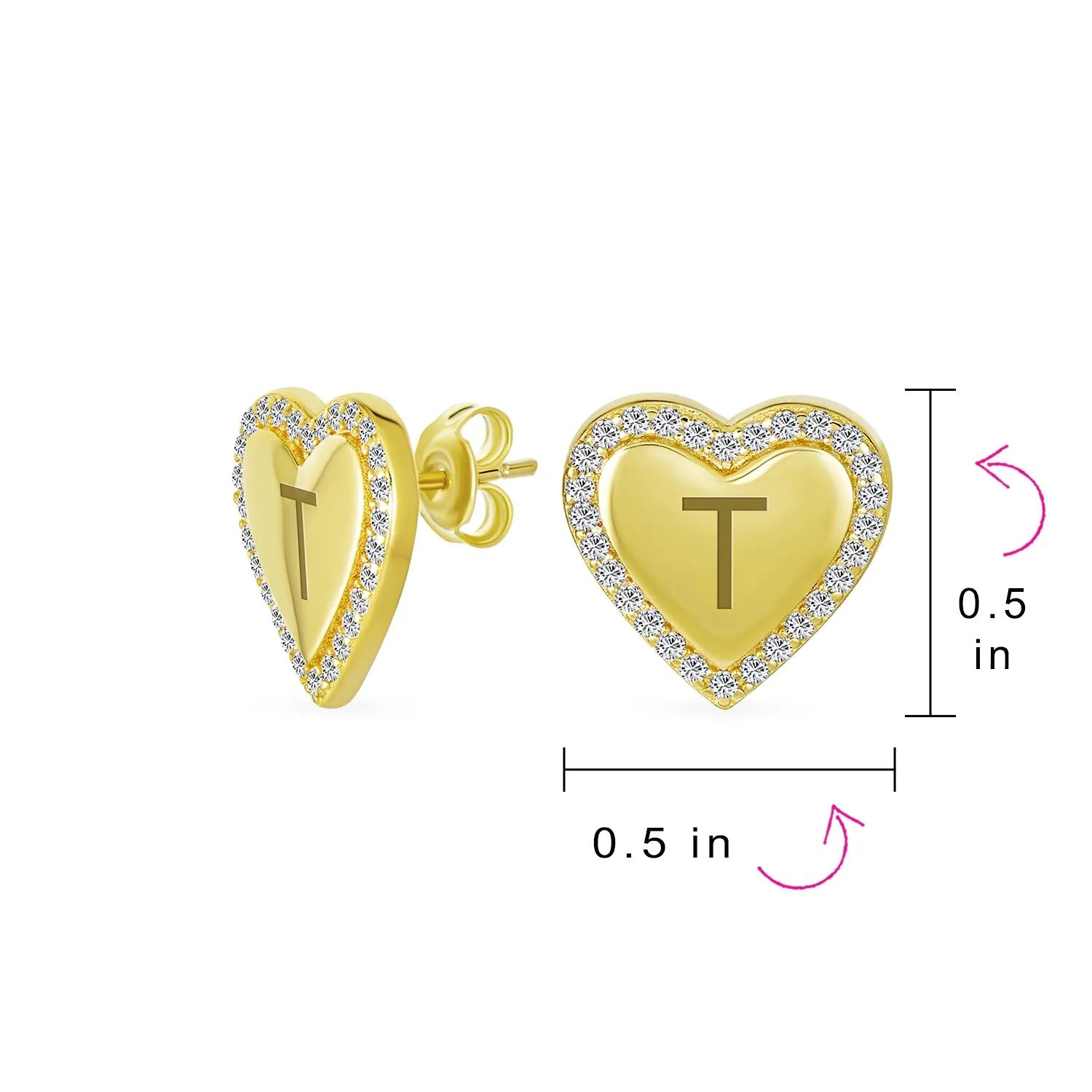 Initial Letter A-Z CZ Stud Earrings Heart Shaped Pave Halo 14K Gold Silver