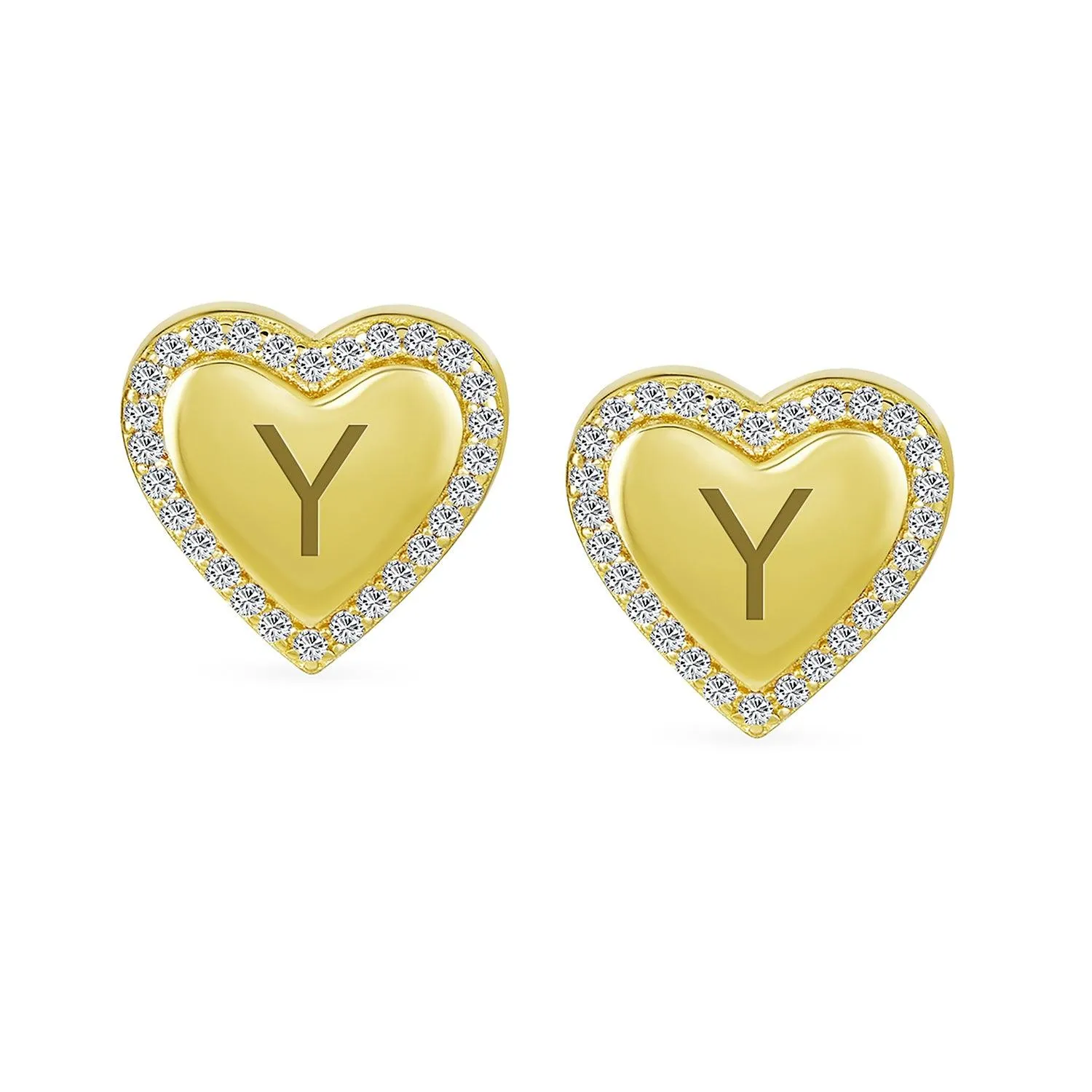 Initial Letter A-Z CZ Stud Earrings Heart Shaped Pave Halo 14K Gold Silver