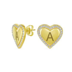 Initial Letter A-Z CZ Stud Earrings Heart Shaped Pave Halo 14K Gold Silver
