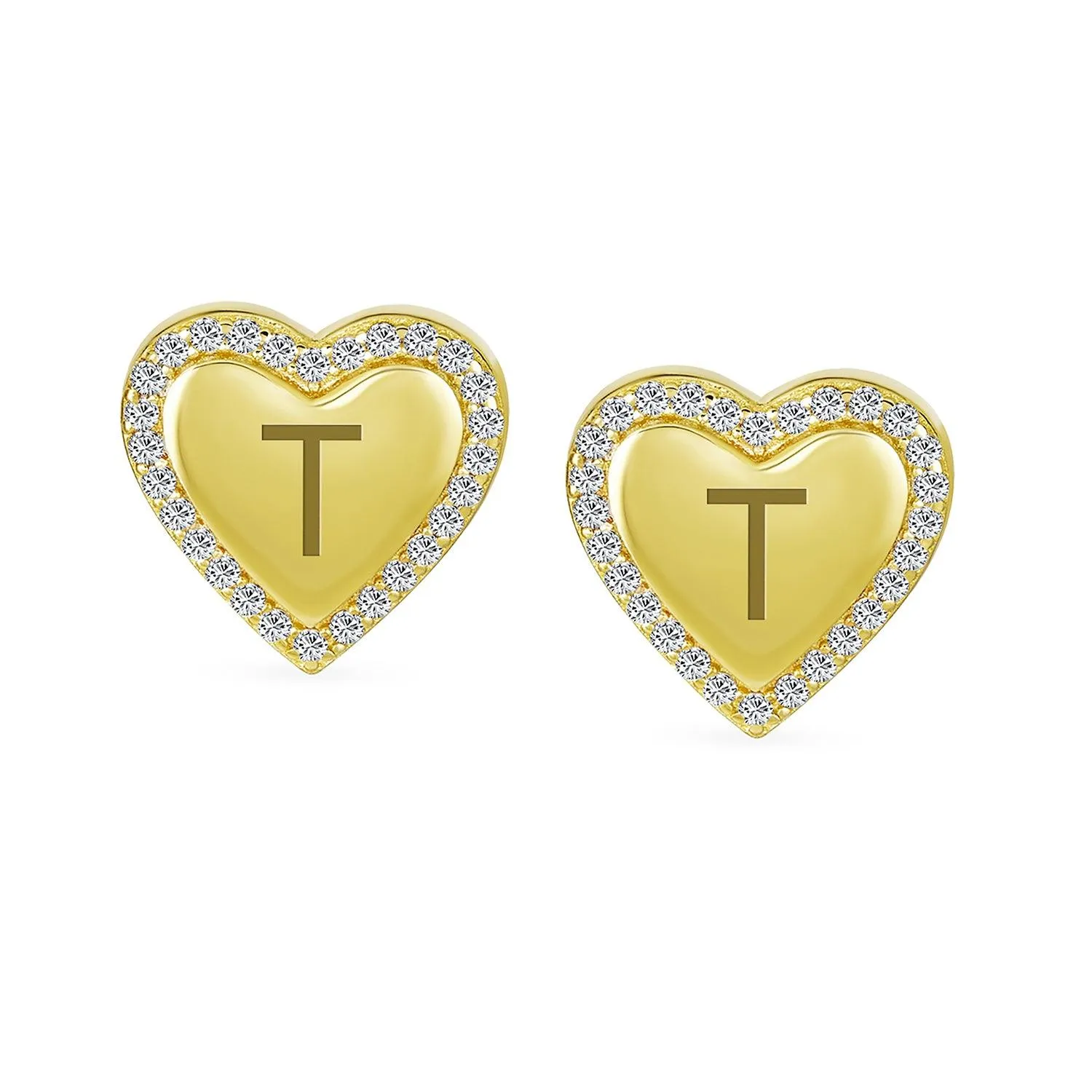 Initial Letter A-Z CZ Stud Earrings Heart Shaped Pave Halo 14K Gold Silver