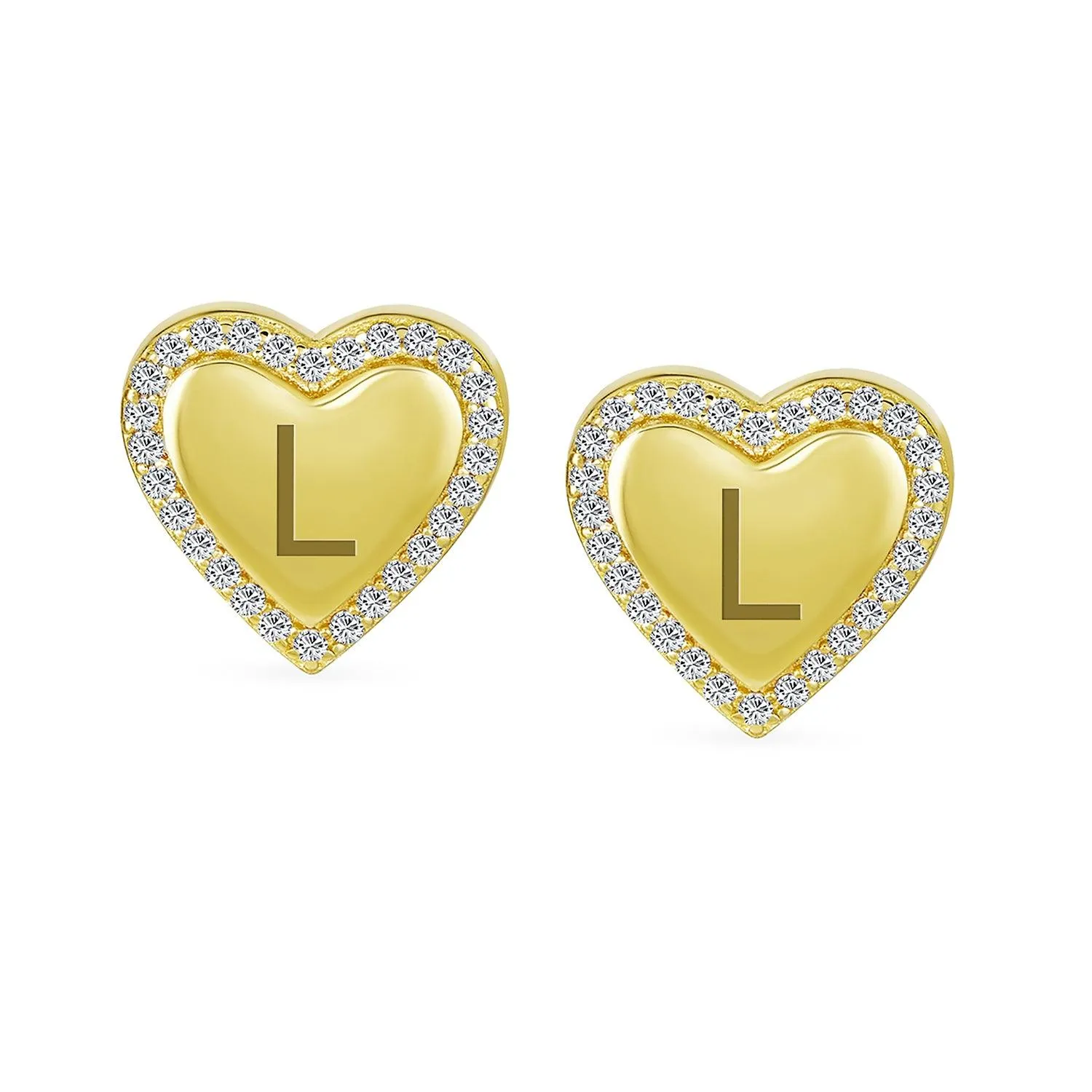 Initial Letter A-Z CZ Stud Earrings Heart Shaped Pave Halo 14K Gold Silver