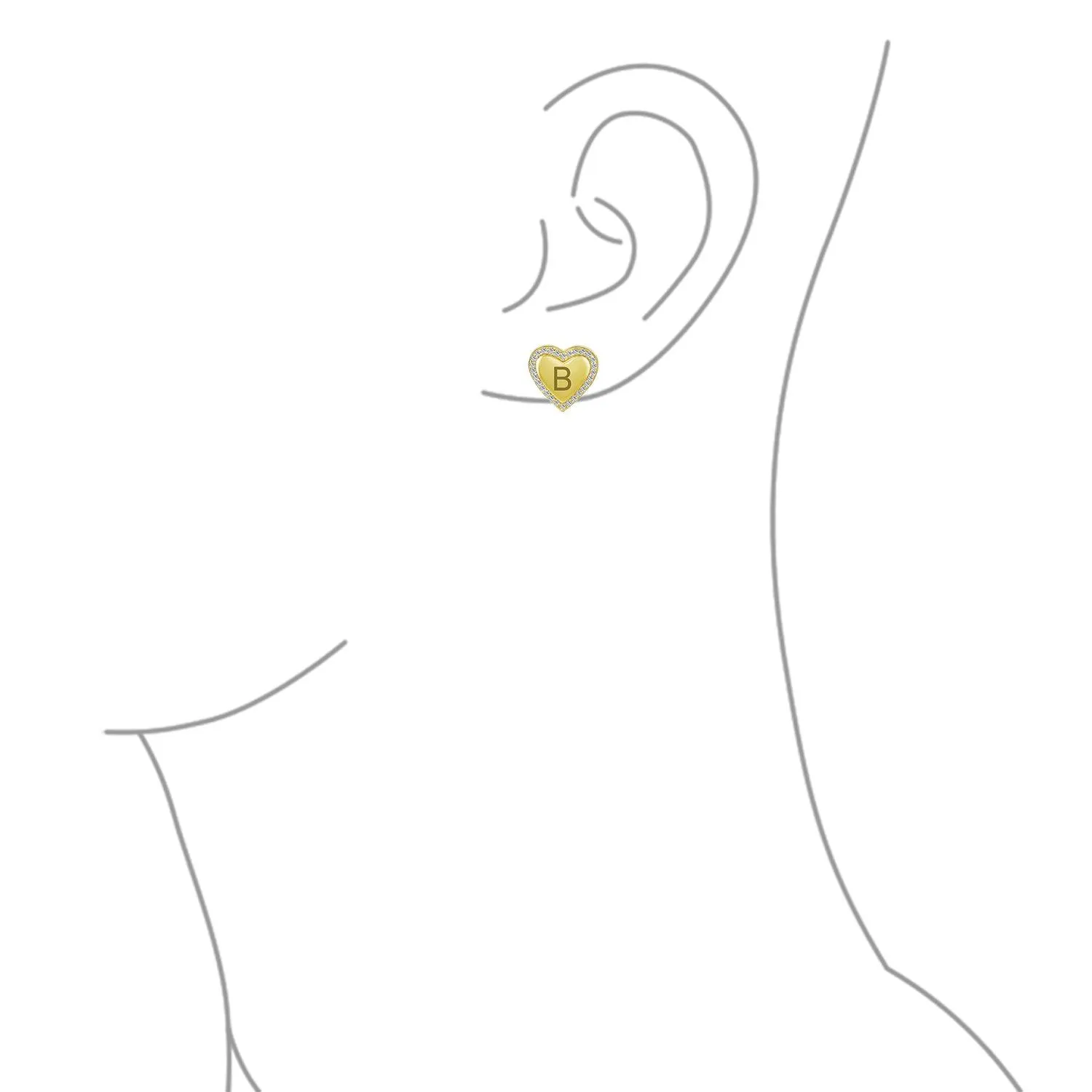 Initial Letter A-Z CZ Stud Earrings Heart Shaped Pave Halo 14K Gold Silver