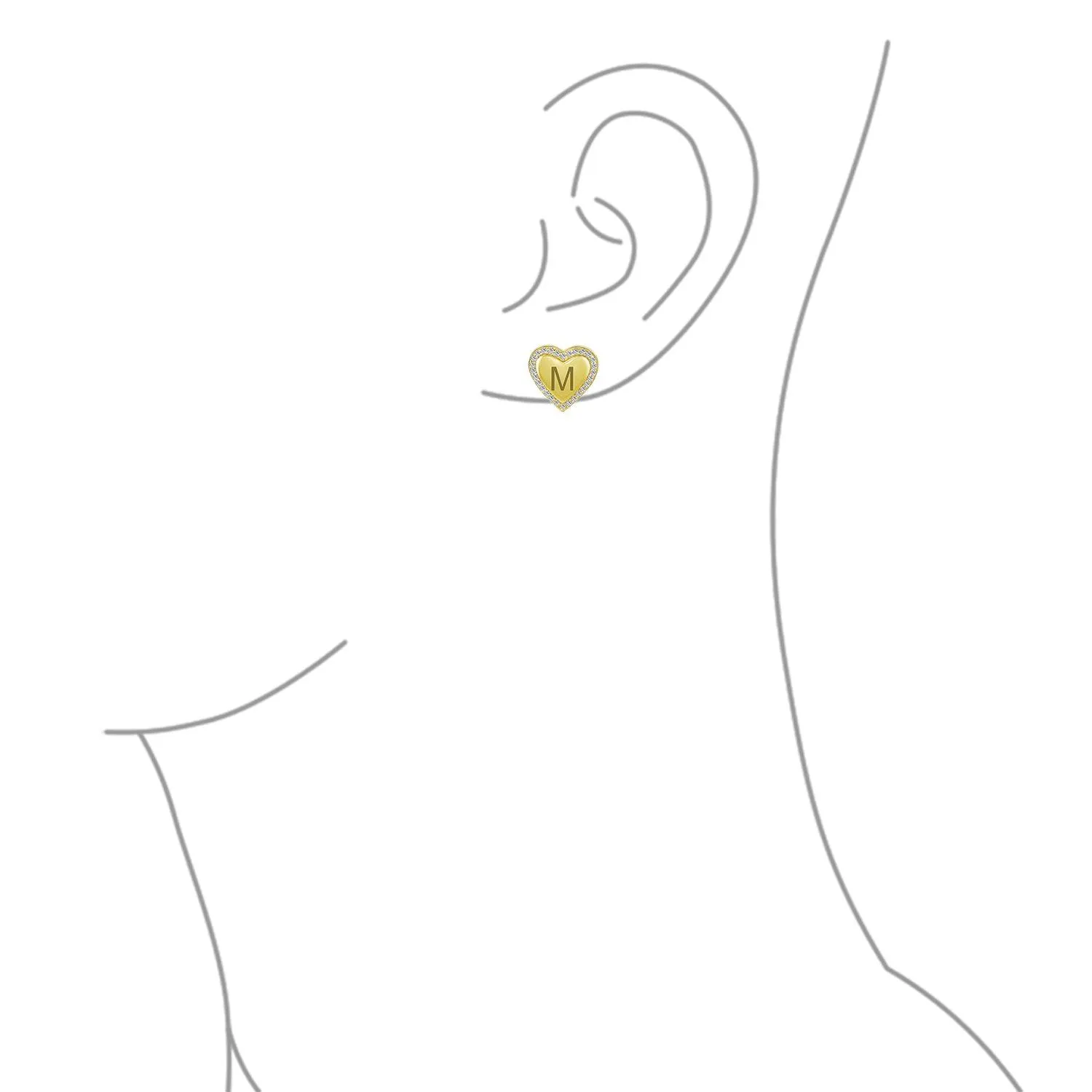 Initial Letter A-Z CZ Stud Earrings Heart Shaped Pave Halo 14K Gold Silver