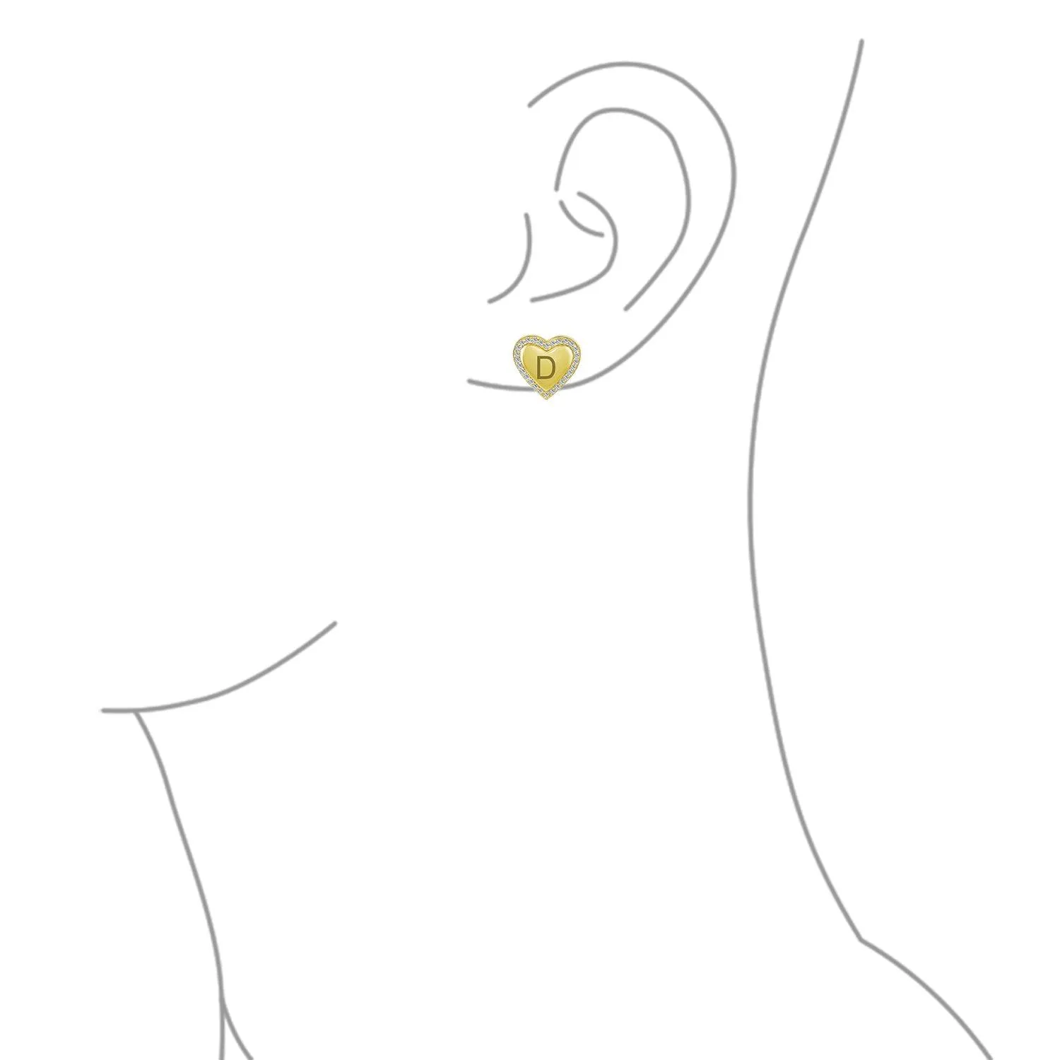 Initial Letter A-Z CZ Stud Earrings Heart Shaped Pave Halo 14K Gold Silver